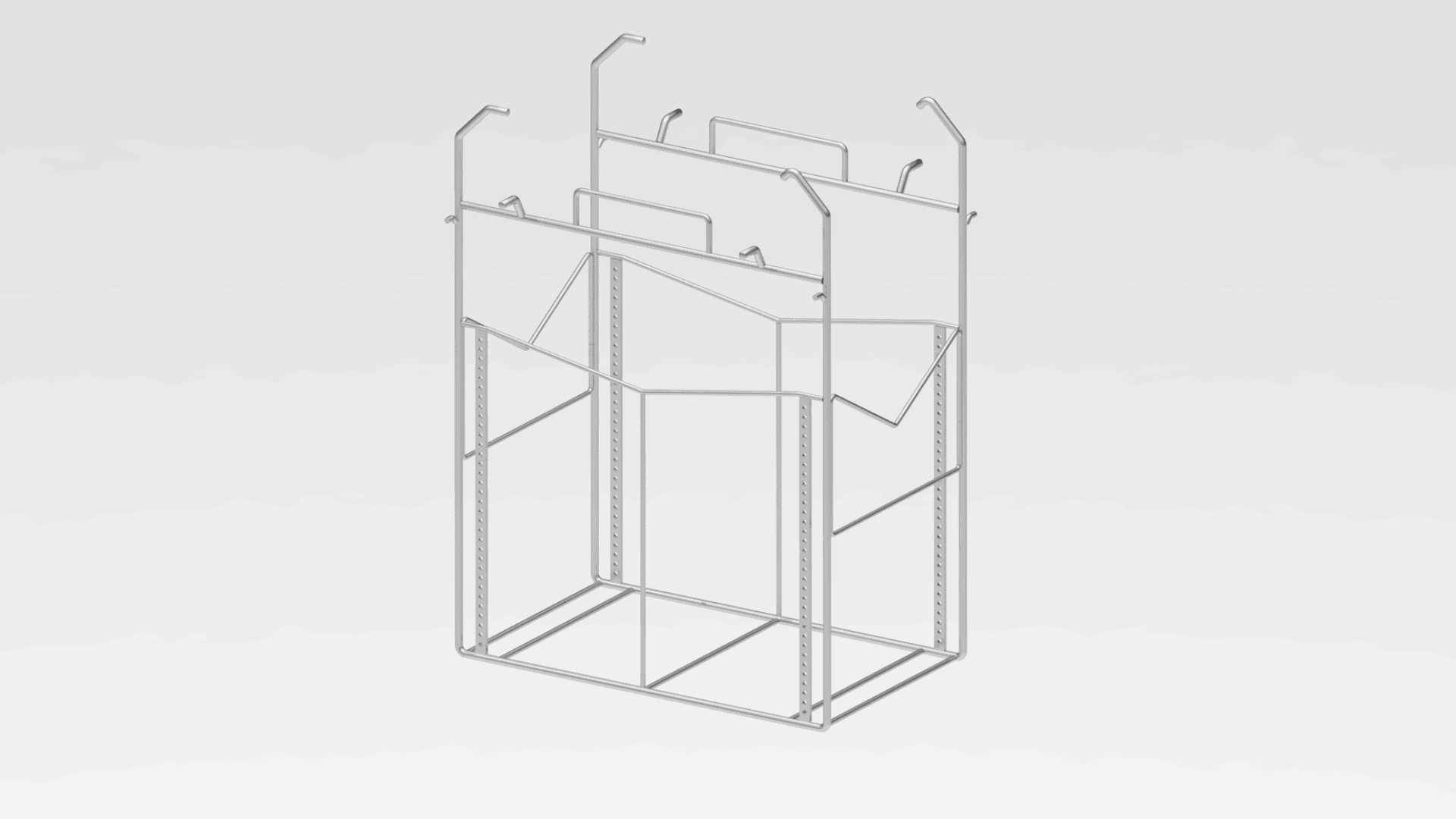 Ein 3D-Drahtgittermodell eines Lagerregals aus Metall mit mehreren Regalen und Haken, aus einem Winkel vor einem hellgrauen Hintergrund betrachtet.