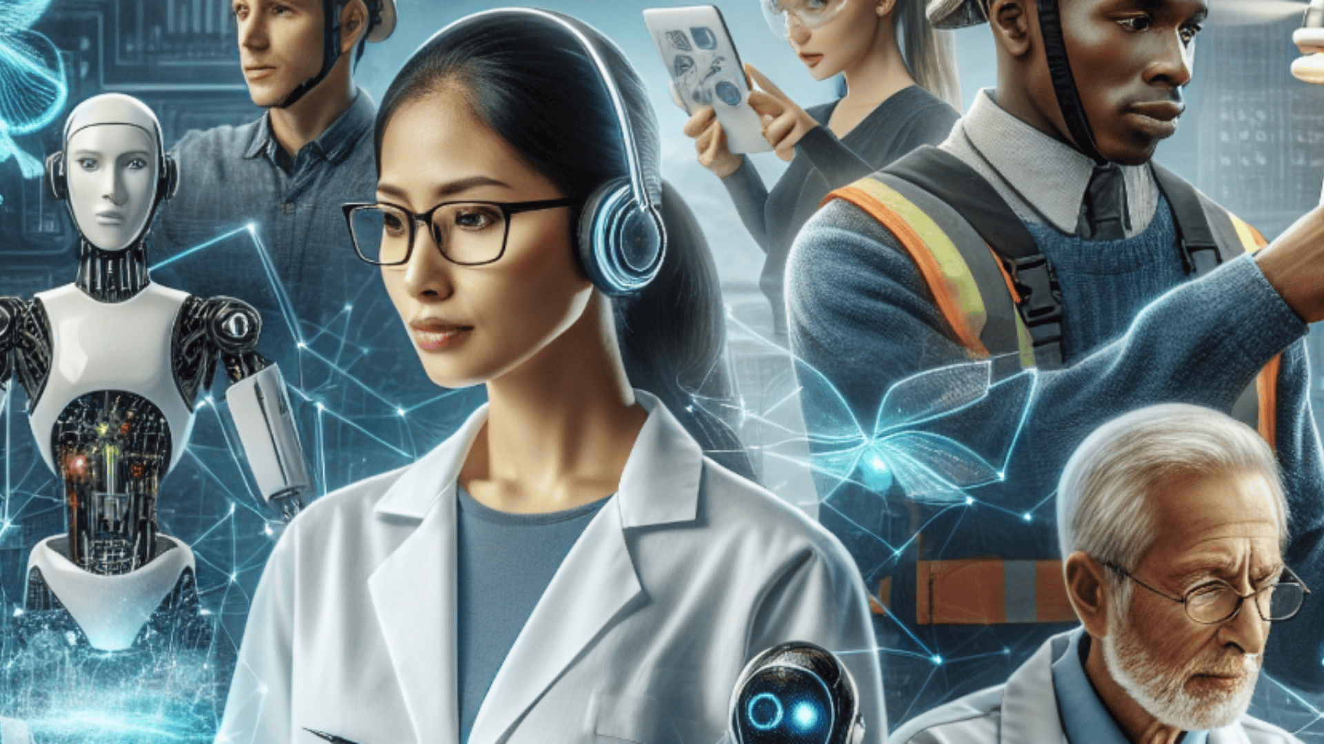 Eine vielfältige Gruppe von Menschen, darunter Wissenschaftler, Ingenieure und ein Roboter, arbeitet mit futuristischer Technologie und digitalen Schnittstellengrafiken zusammen und repräsentiert so Innovation und Zusammenarbeit in verschiedenen Bereichen.