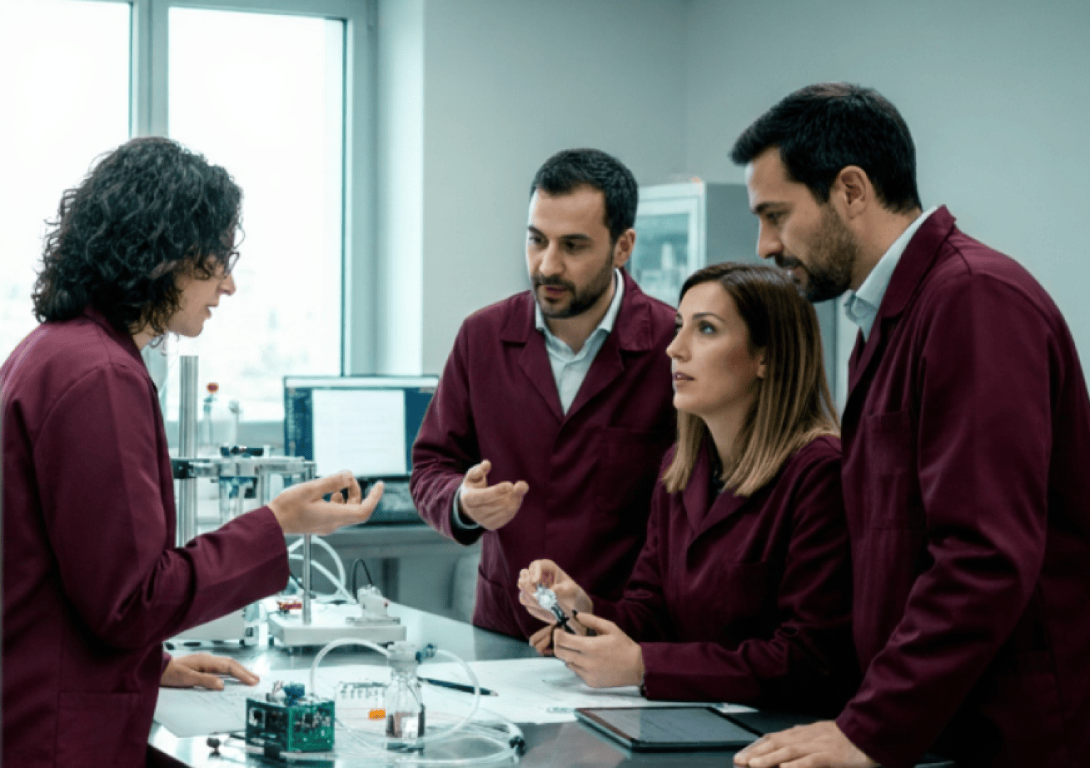 Four people in wine-red lab coats are discussing in a well-lit room with large windows around a lab table with scientific equipment, paperwork and a tablet.
