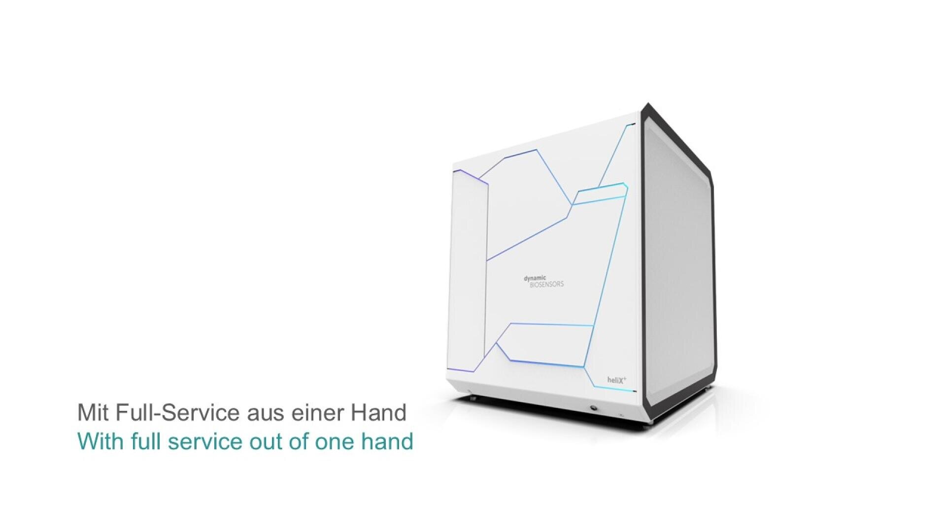 A white, modern-looking technological device with geometric blue accents is displayed on a white background. Text in German and English reads: Mit Full-Service aus einer Hand / With full service out of one hand.