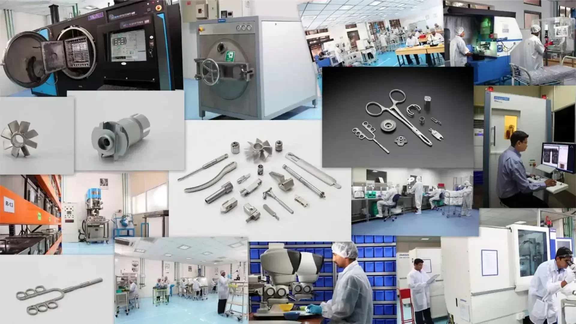 Collage of laboratory and manufacturing scenes with workers in lab coats, medical devices, metal components, surgical instruments, advanced machinery, and cleanroom environments, showcasing medical equipment production and assembly.