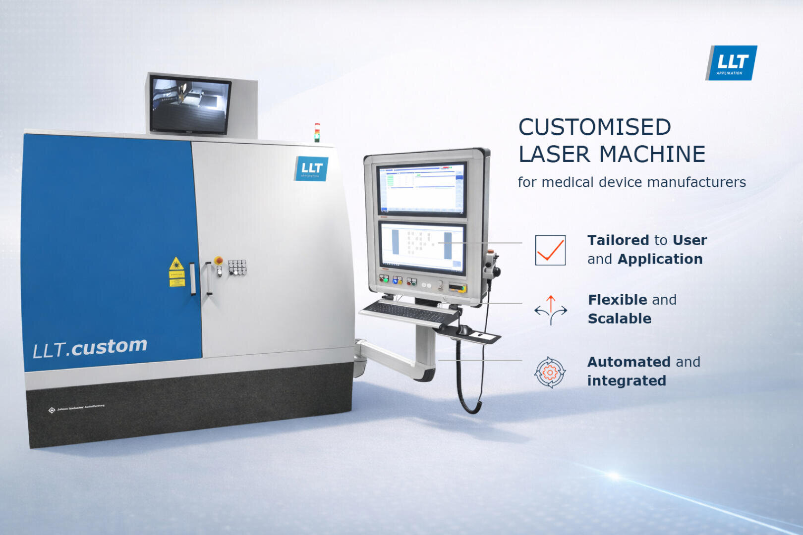 A large, industrial laser machine with dual monitors and a control panel, branded “LLT.custom”, stands in a clean setting with text describing features: tailored, flexible, scalable, automated, and integrated.