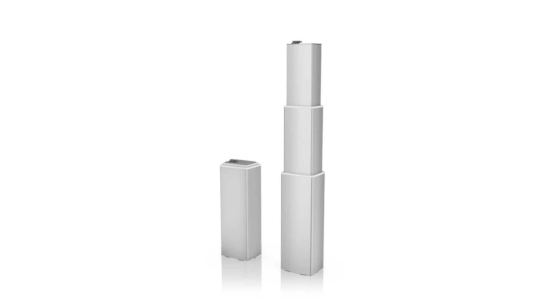 Two white rectangular pedestal stands are shown against a plain white background; one stand is shorter, while the other is composed of three stacked sections, making it significantly taller.