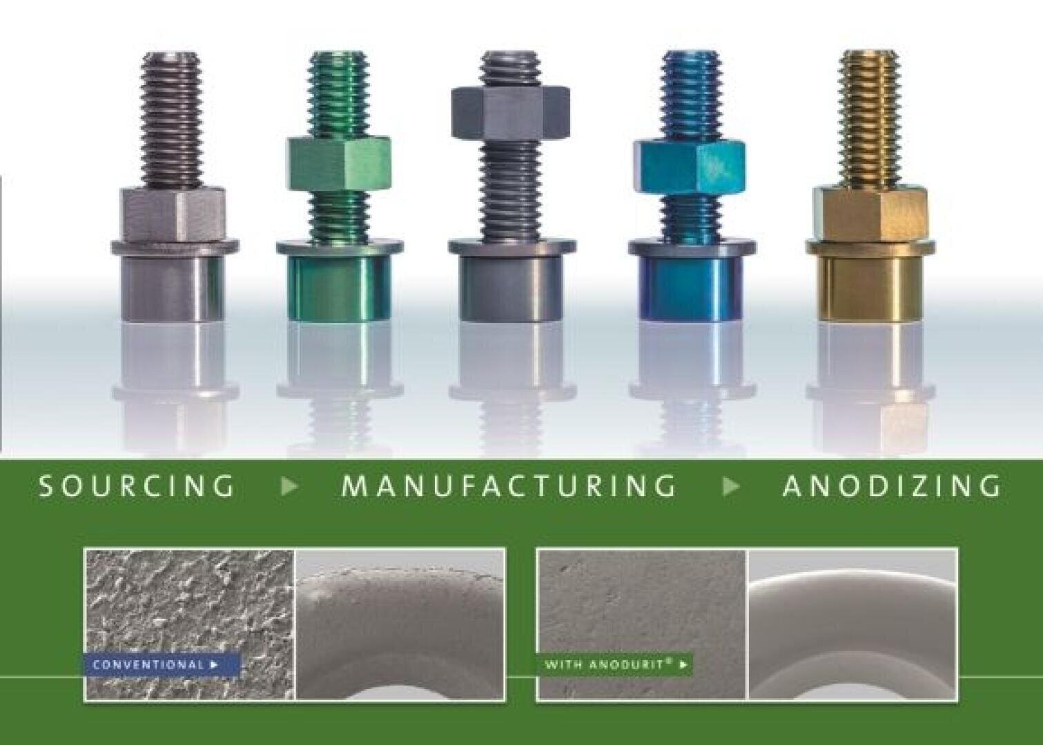 Five metal bolts with nuts are shown in a row, each in a different color. Underneath is the text "Procurement, production and anodizing" with pictures comparing conventional and Anodurit® surfaces.