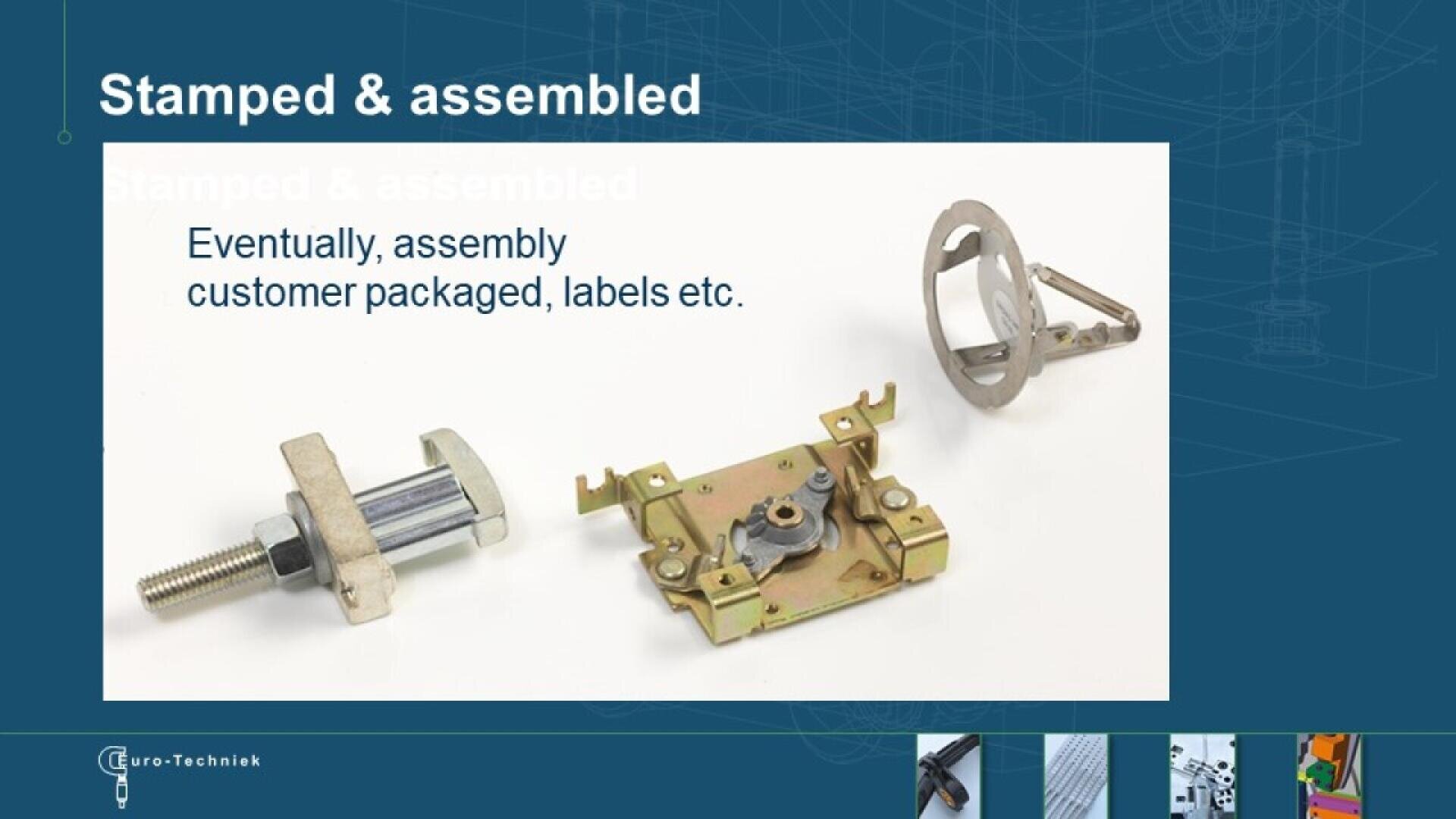 Three metal parts are displayed on a white background: a bolt with a nut, a small bracket with electrical contacts, and a circular mounting component. The text reads “Stamped & assembled” and describes eventual assembly and packaging.