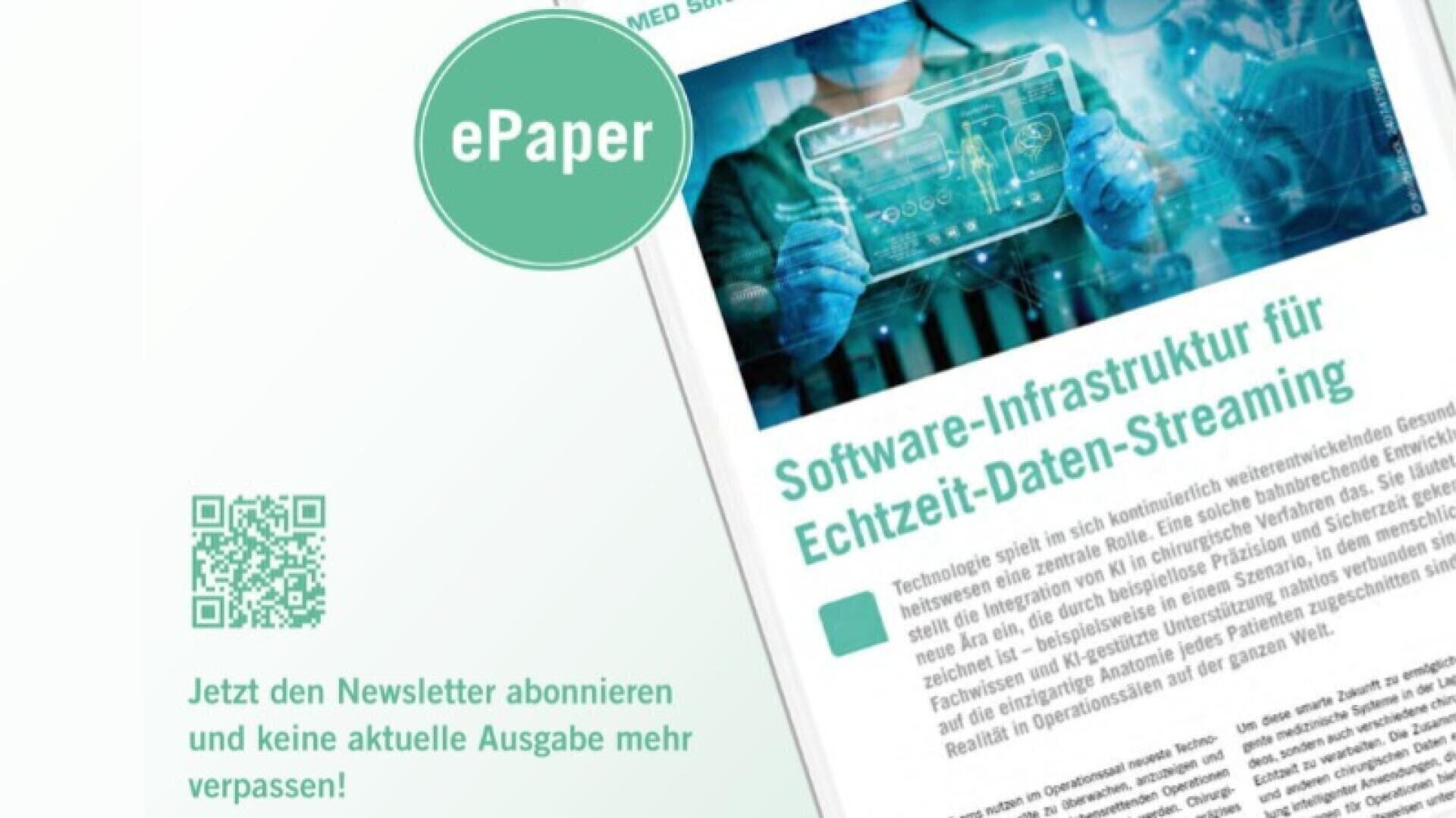 A digital tablet showing a German ePaper titled Software infrastructure for real-time data streaming with an image of a person interacting with virtual data. A green ePaper badge and a QR code are on the left-hand side, with the text for the subscription below.
