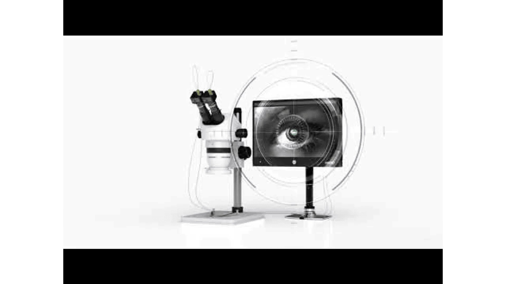 A microscope connected to a computer monitor displays a magnified image of an eye. Circular graphic elements overlay the image, suggesting a focus on technology and precision in eye examination.