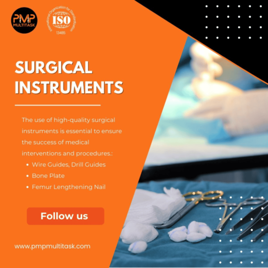 A promotional graphic for PMP Multitask showing surgical instruments on a blue cloth, gloved hands in the background, and text about the importance of high-quality surgical instruments. An orange section lists instrument types and a Follow us button.