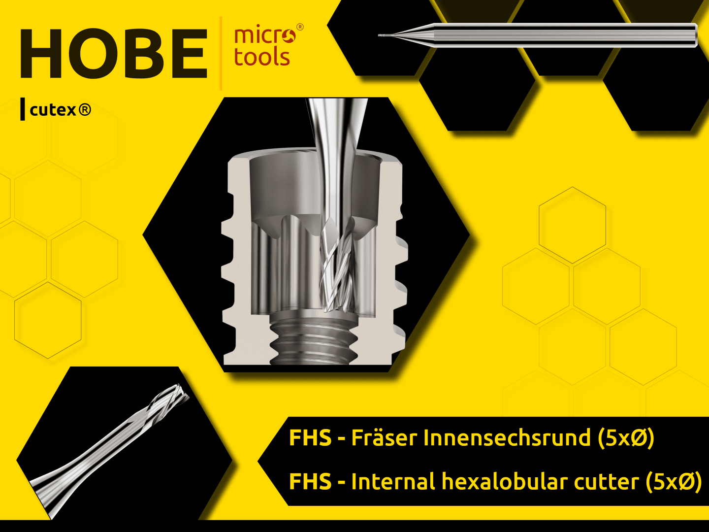 A promotional graphic for Hobe Mikrowerkzeuge shows a hexalobular cutter in action, with detailed close-ups of the tool and yellow hexagonal accents. The text emphasizes FHS - hexalobular end mills (5xØ).