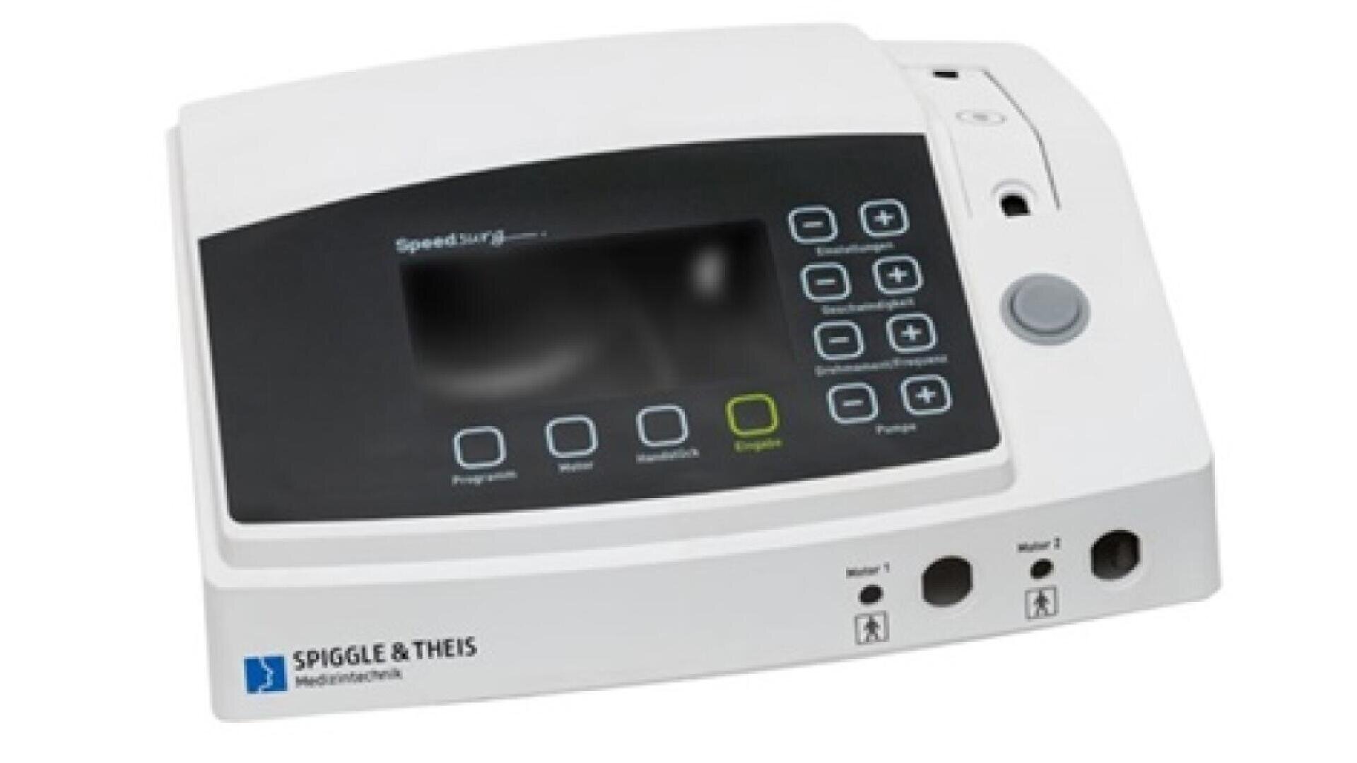 A white medical device with a digital display, control buttons, and dials. The label reads SPIGGLE & THEIS Medizintechnik. There are ports and indicator lights on the front panel.