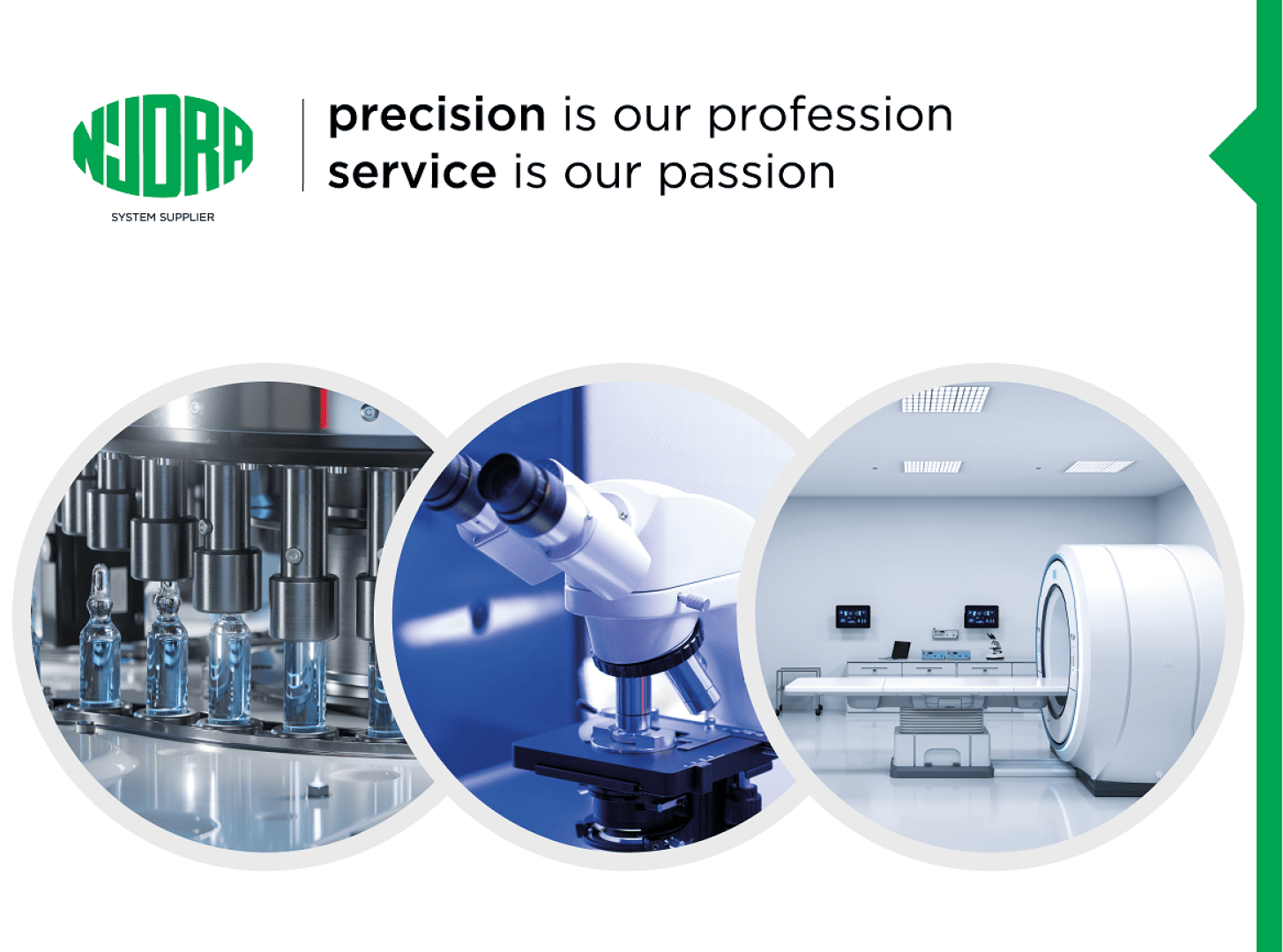 Drei kreisförmige Bilder zeigen wissenschaftliche Geräte: Laborfläschchen, ein Mikroskop und ein MRT-Gerät. Der Text lautet: Präzision ist unser Beruf, Service unsere Leidenschaft. Das NUORA-Logo befindet sich in der oberen linken Ecke.