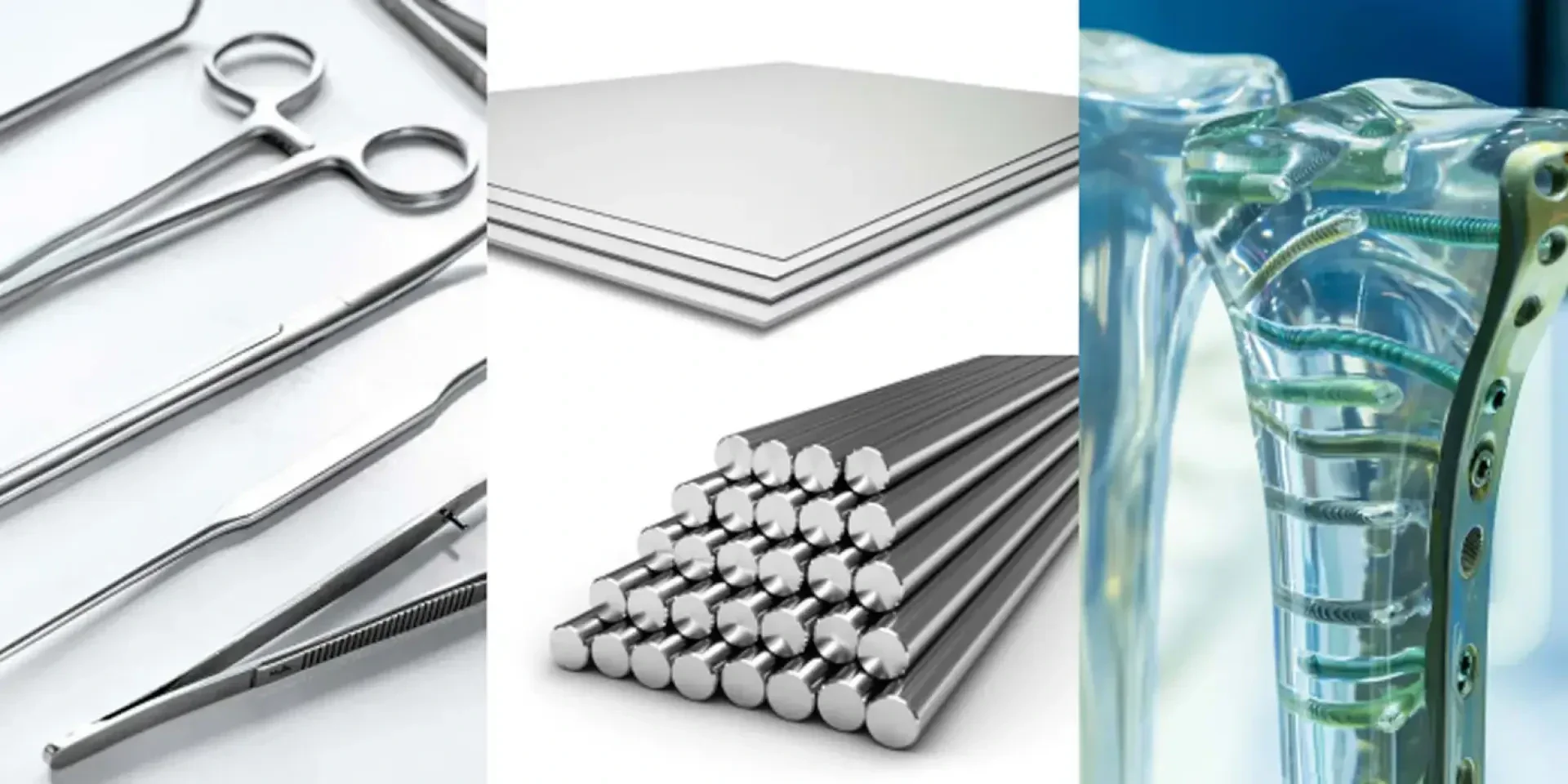 Eine Collage mit chirurgischen Werkzeugen, Metallblechen und -stäben sowie einer Nahaufnahme eines medizinischen Implantats in einem anschaulichen anatomischen Modell, die alle mit der Verwendung von medizinischem Edelstahl in Zusammenhang stehen.
