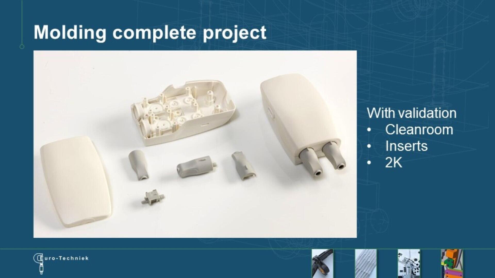 A display showing several white molded plastic parts, including a device shell and inserts, with text stating Molding complete project and listing features: validation, cleanroom, inserts, and 2K.
