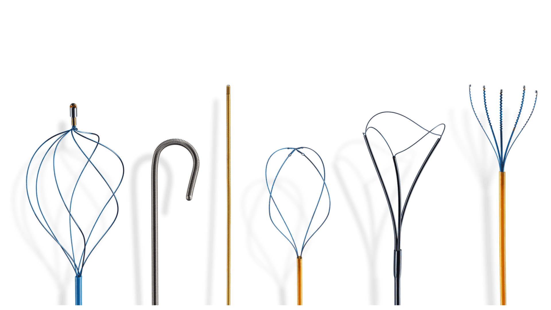 Five different medical devices, including wire snares and retrieval tools, are arranged vertically in a row against a white background. Each device has a unique shape and wire configuration.