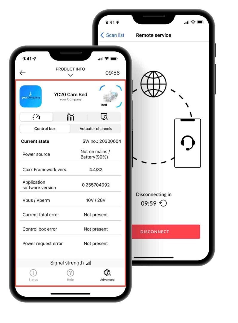 Zwei Smartphone-Bildschirme zeigen eine Pflegebettsteuerungs-App an. Der linke Bildschirm zeigt detaillierte Produktinformationen und den Status an. Der rechte Bildschirm zeigt eine Fernwartungsseite mit einem Abschalttimer und einem Weltkugel-Symbol.