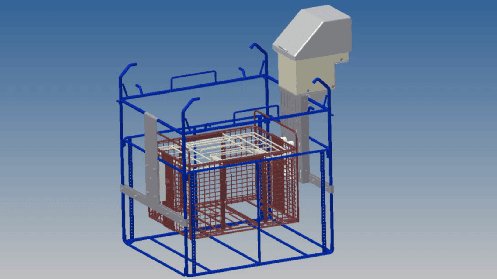 3D rendering of a metal frame structure with a wire mesh basket inside and an angled, box-like mechanism attached to one corner, all set against a blue gradient background.