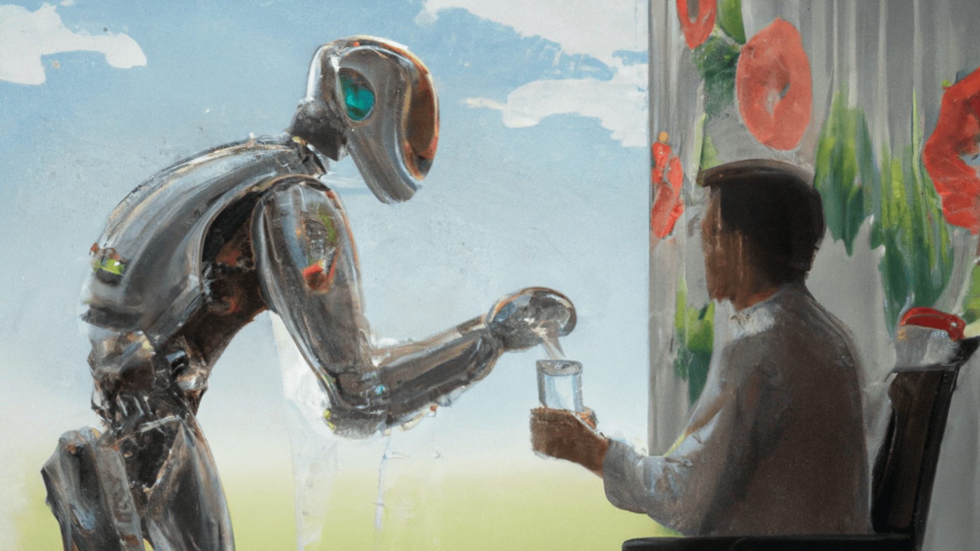 Ein humanoider Roboter reicht einer sitzenden Person vor einem Fenster mit roten Blumen vor einem hellen, teilweise bewölkten Himmel ein Glas Wasser.
