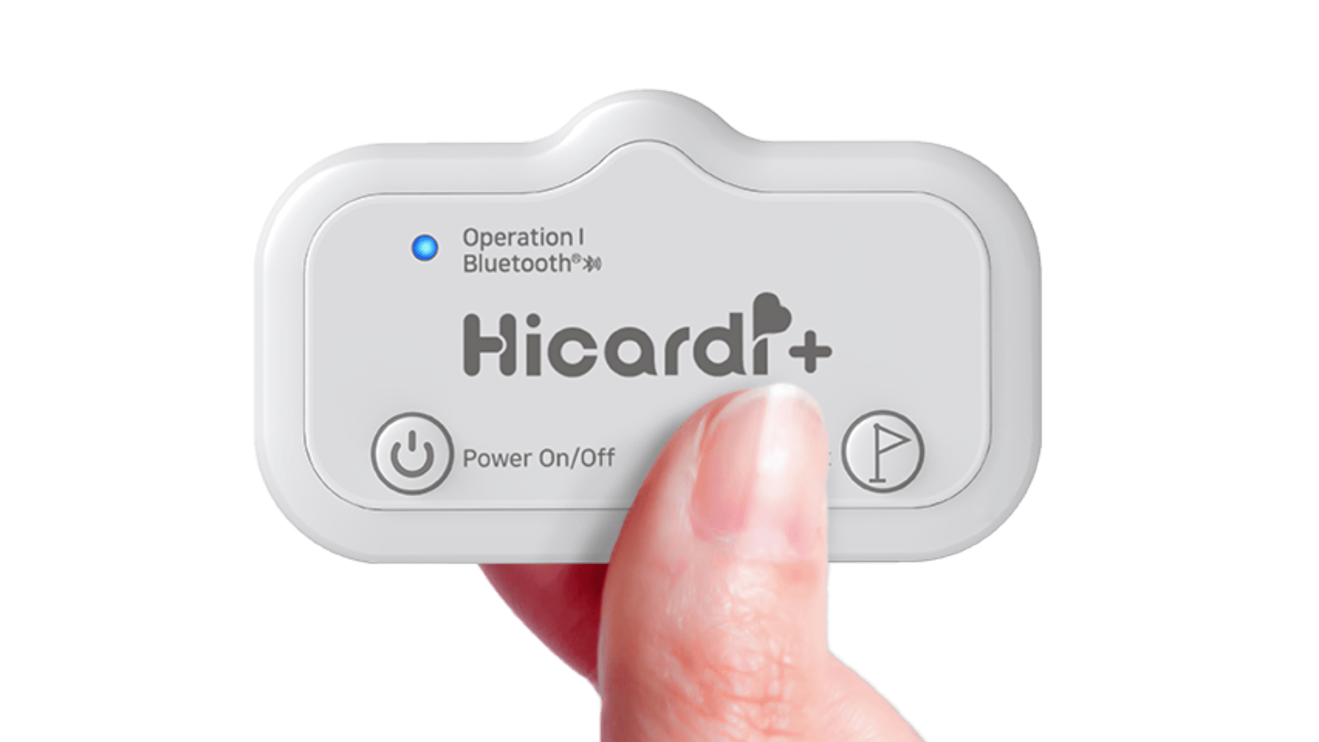 A hand holding a small white electronic device labeled Hicardi+, featuring power and play buttons, an operation and Bluetooth indicator, and a glowing blue status light.