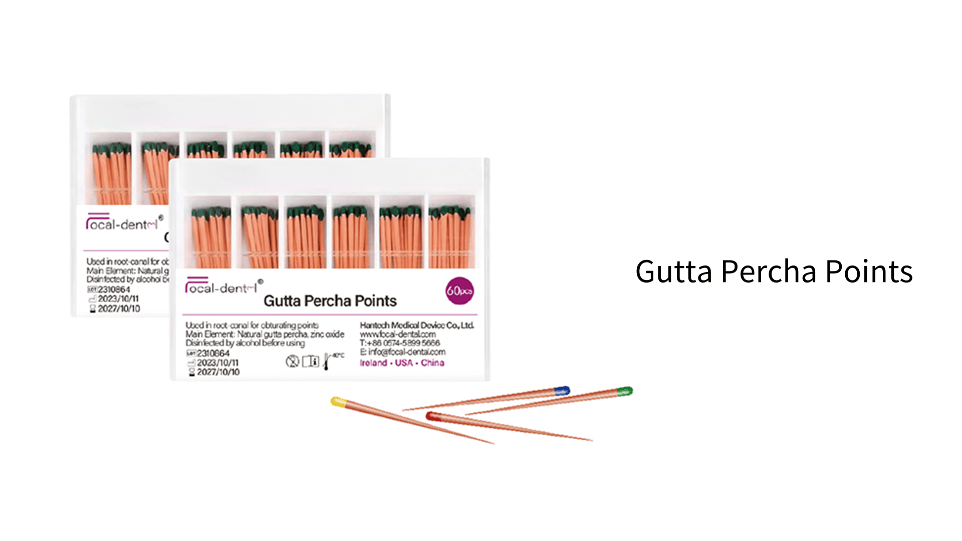 Zwei Schachteln mit Guttapercha-Spitzen, mit mehreren orangefarbenen Zahnspitzen auf der Vorderseite. Jede Spitze hat eine farbige Spitze. Die Verpackung enthält schwarze und orangefarbene Aufkleber mit Produkt- und Herstellerinformationen.