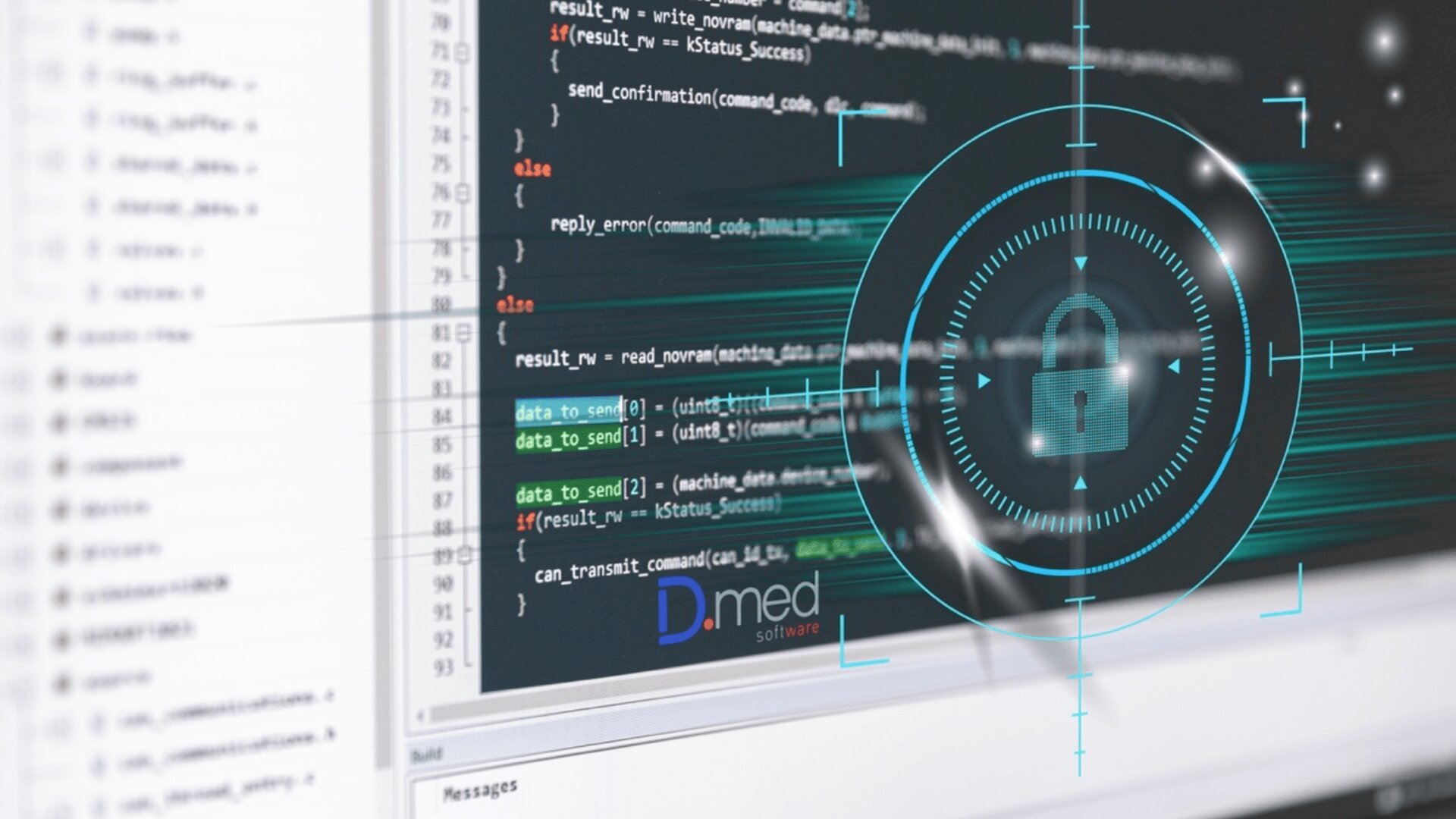 A computer screen displays programming code with highlighted lines. A semi-transparent digital lock and circular HUD graphic overlay symbolize cybersecurity or data protection.