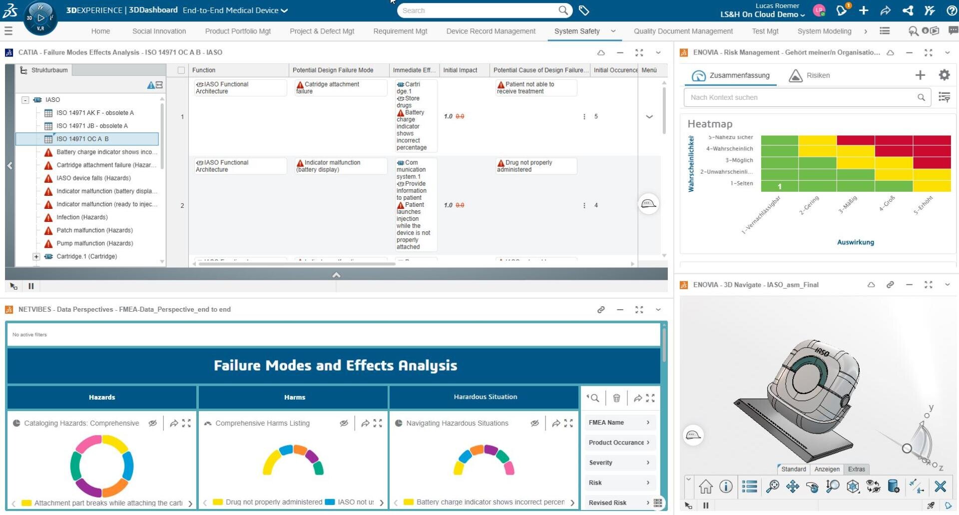 Screenshot eines Software-Dashboards, das Diagramme, eine Heatmap, Risikoanalysedaten und ein 3D-Modell in mehreren Panels anzeigt und zur Überwachung von Fehlermodi und -effekten in einem medizinischen Geräteprojekt verwendet wird.