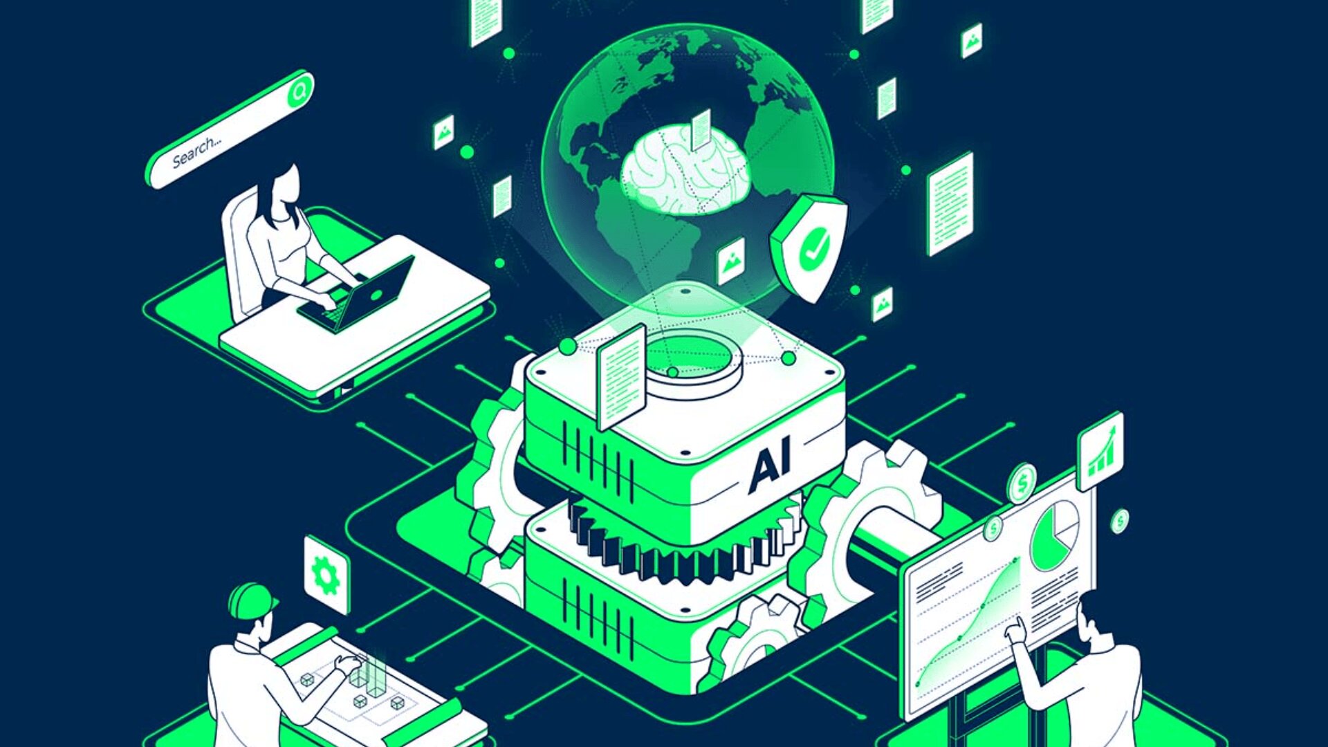 Illustration of people working with computers around a large AI processor, digital data and charts floating above, with a green digital globe in the background, symbolizing artificial intelligence and data analysis.