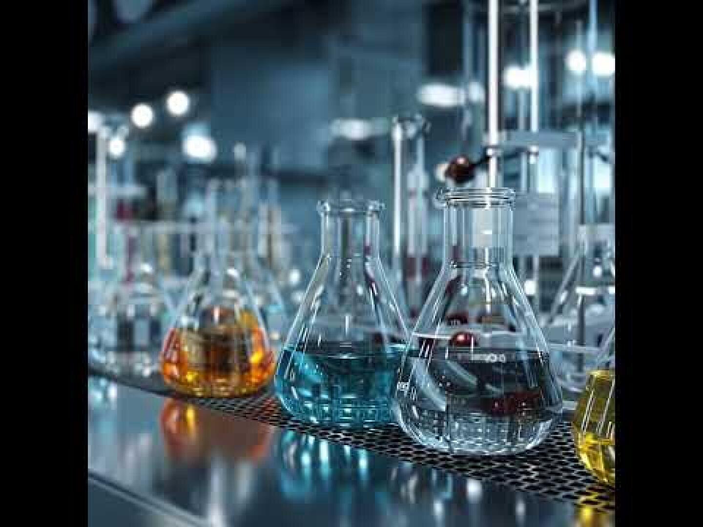 A series of laboratory glass flasks filled with colorful liquids - yellow, blue and clear - on a metal surface in a modern scientific laboratory, with various scientific instruments in the background.