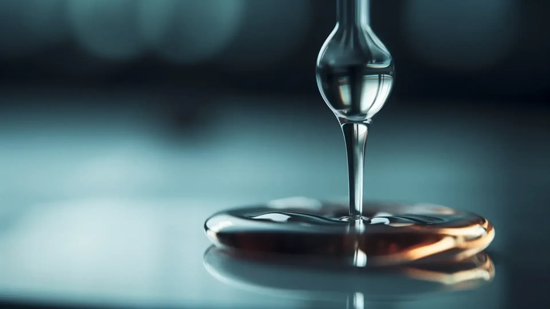 Nahaufnahme eines Glastropfers, der eine klare Flüssigkeit auf eine flache, reflektierende Oberfläche abgibt, wodurch eine kleine Pfütze entsteht. Der Hintergrund ist leicht unscharf und hebt den Tropfenfänger und die Flüssigkeit hervor.