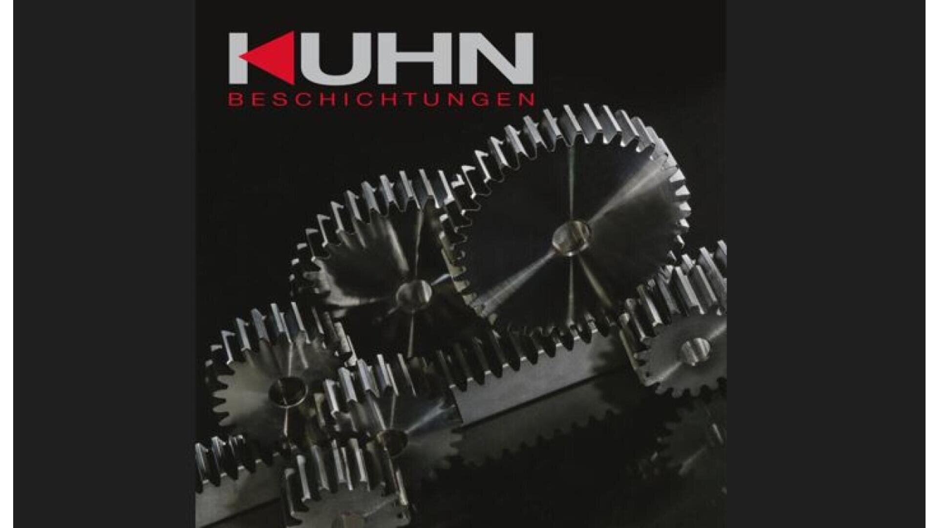 A group of shiny metal gears and racks are interlocked on a black background. The logo KUHN BESCHICHTUNGEN appears at the top left in bold letters.