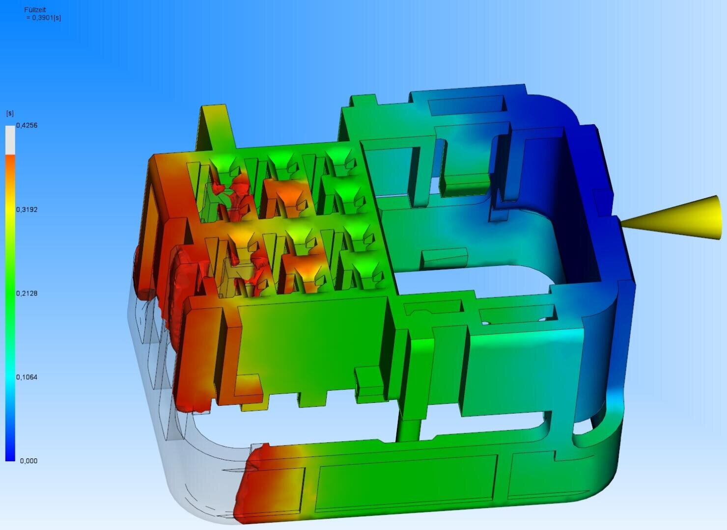 Simulationsbild eines mechanischen Bauteils mit einem Farbverlauf von Rot nach Blau, das den Flüssigkeitsfluss oder die Druckverteilung veranschaulicht. Ein Maßstab auf der linken Seite zeigt numerische Werte an, der Hintergrund ist blau.