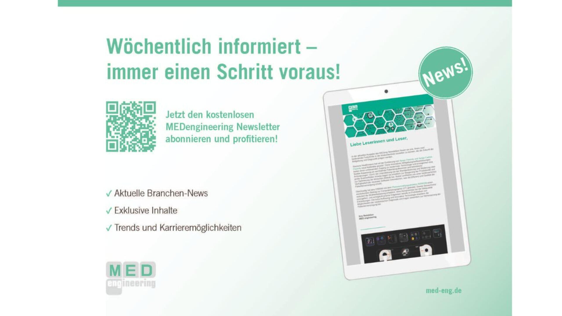 A digital flyer in German promoting the MEDengineering newsletter. It features a QR code, checklist of benefits, a tablet displaying the newsletter, and a green News! badge. The background is light green and white.