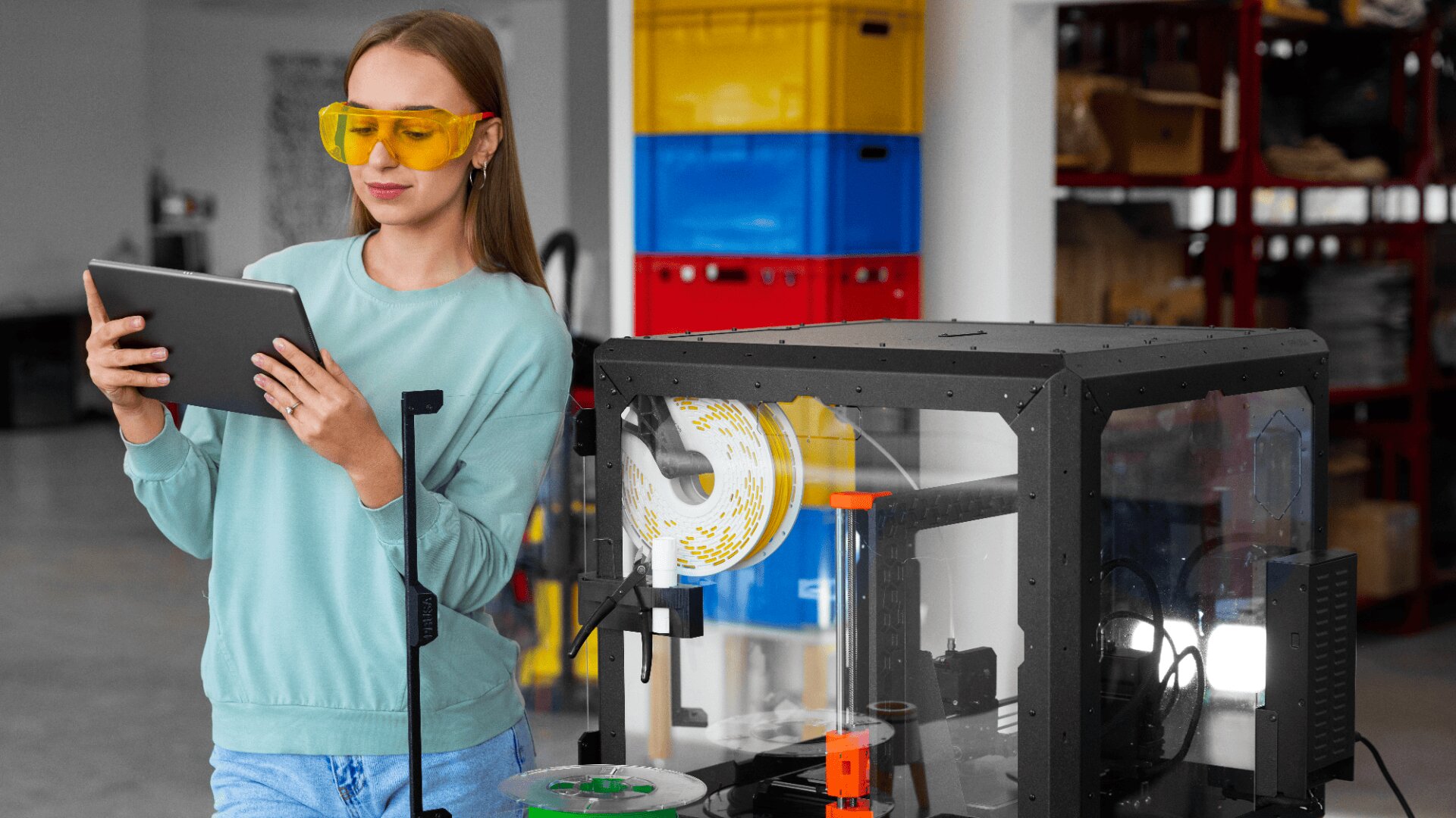 A woman wearing yellow safety glasses uses a tablet while standing next to a 3D printer in a workspace with shelves and colorful storage bins in the background.