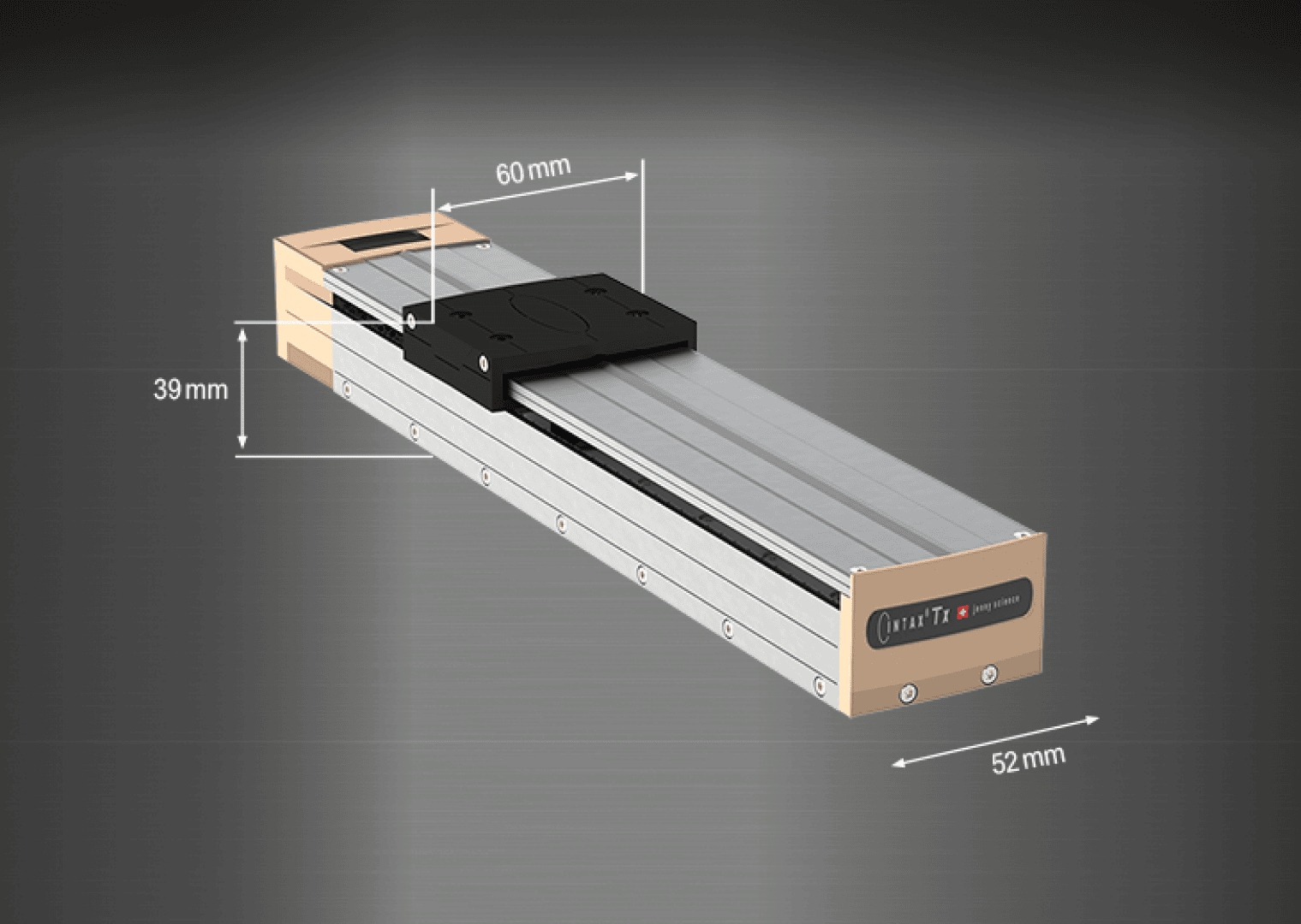 Ein rechteckiger linearer Bewegungstisch mit einer schwarzen Gleitplattform. Die Abmessungen sind wie folgt angegeben: 39 mm Höhe, 52 mm Breite und 60 mm für die Länge der Schiebeplattform. Der Hintergrund ist dunkel mit einem dezenten Spotlight-Effekt.