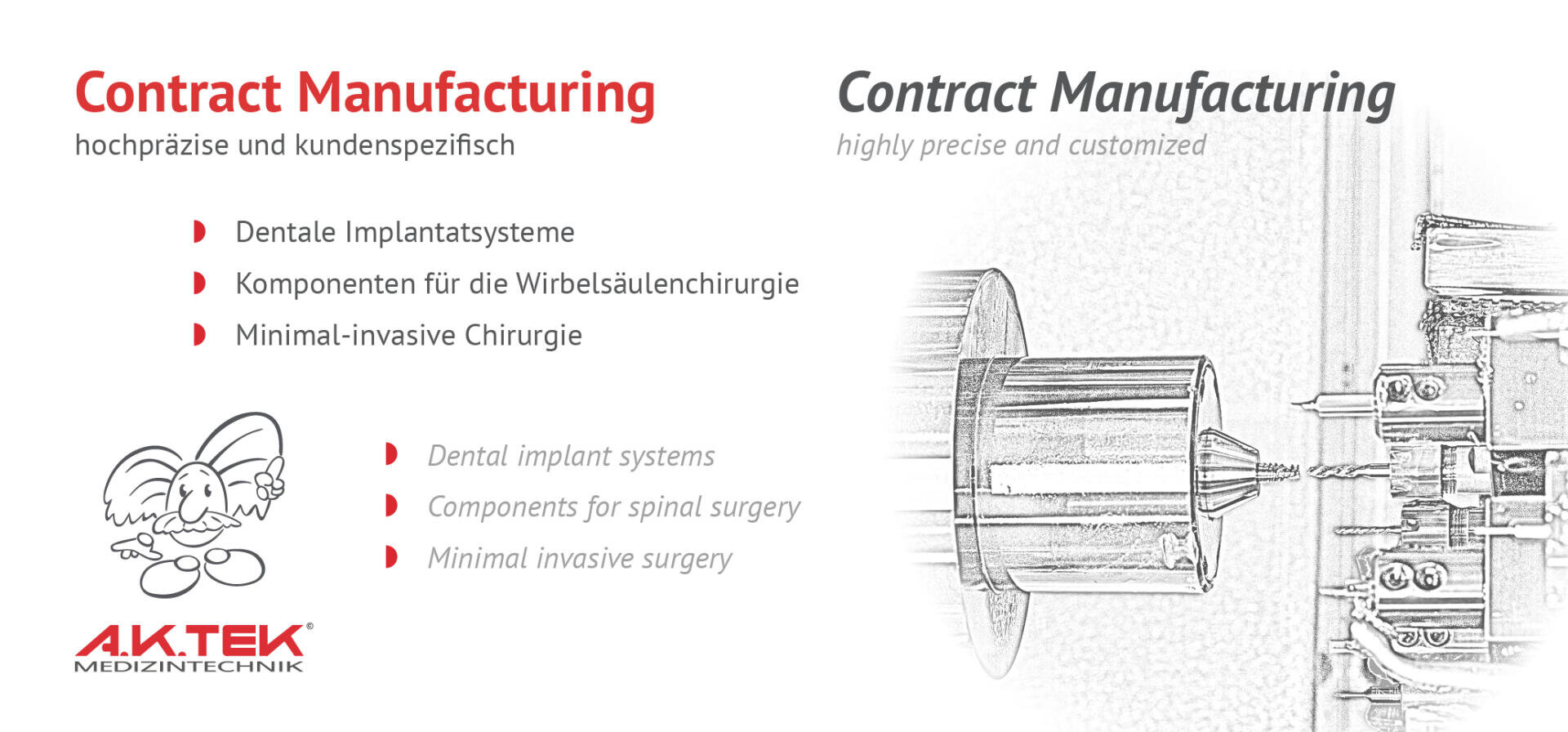 Eine zweisprachige Anzeige für die Auftragsfertigung medizinischer Geräte, die Zahnimplantatsysteme, Komponenten für die Wirbelsäulenchirurgie und minimalinvasive Chirurgie hervorhebt, mit technischen Abbildungen und dem Logo von AKT Tek Medizintechnik.