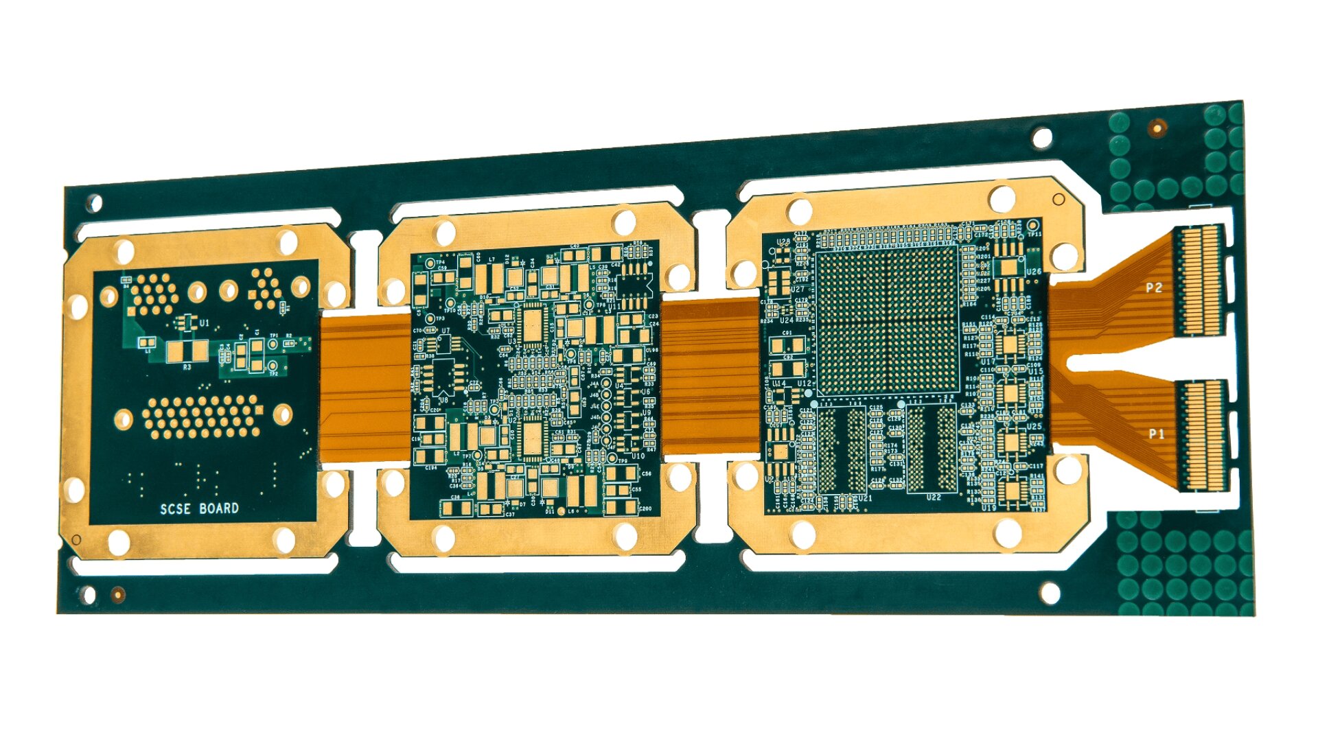A flexible printed circuit board with three rectangular sections connected by orange flexible ribbons, featuring intricate green and gold circuitry patterns on each section, set against a white background.
