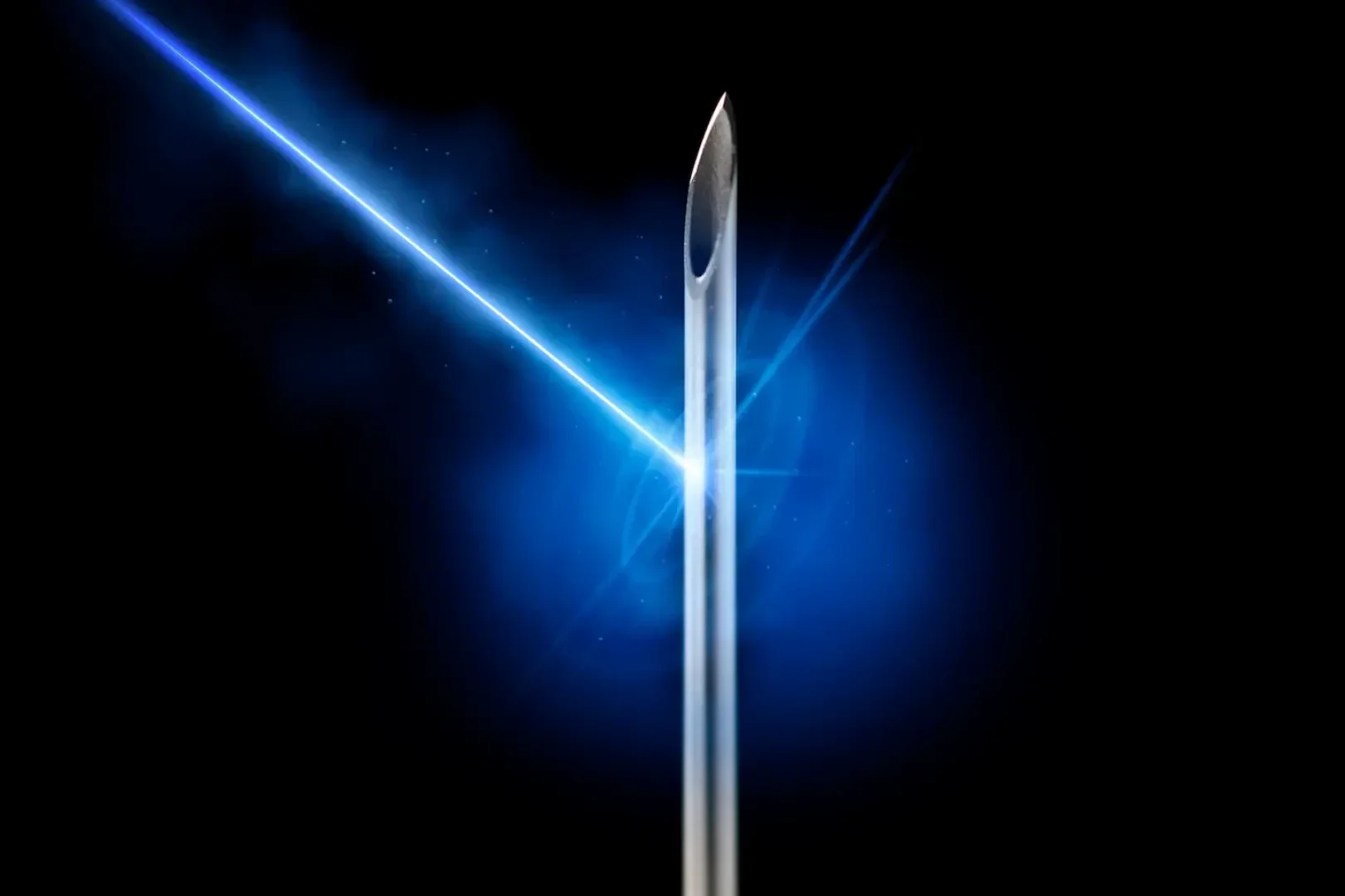 A close-up of a hypodermic needle tip against a black background, with a bright blue laser beam and glowing blue light effects crossing behind it.