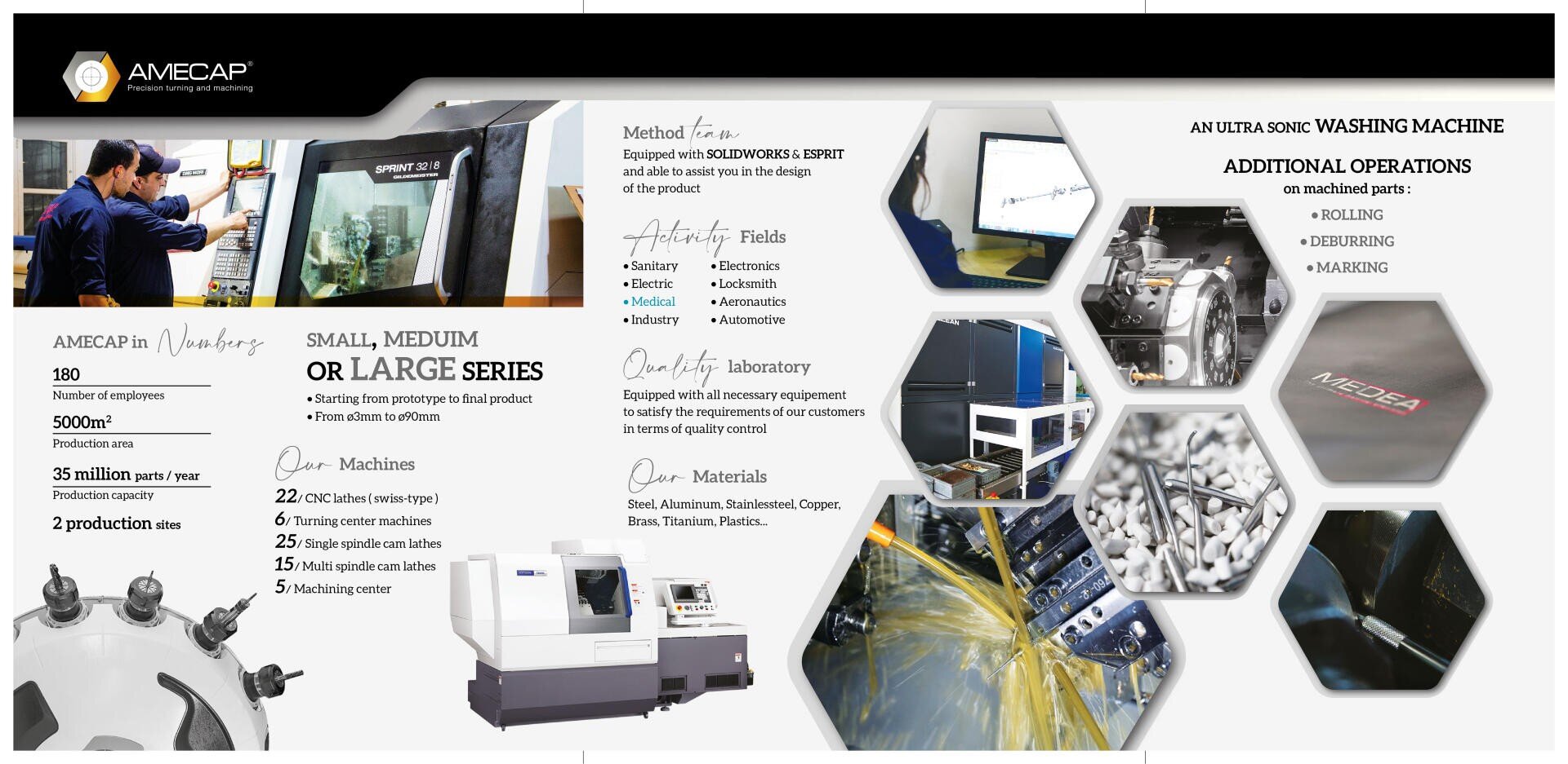 Promotional brochure for AMECAP with images of industrial machines, manufacturing processes, and metal parts. Text highlights services, machine types, capacities, and facilities for precision engineering and production.
