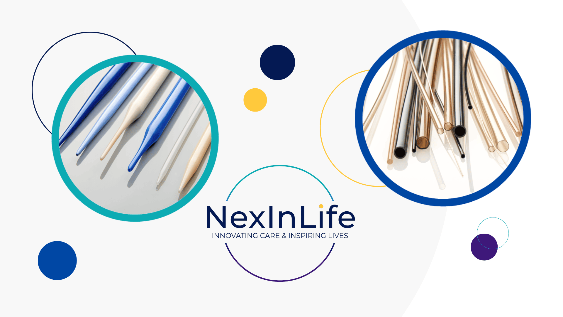 Zwei kreisförmige Bilder zeigen verschiedene medizinische Instrumente wie Katheter und Schläuche, die das NexInLife-Logo mit dem Slogan Innovating Care & Inspiring Lives auf einem weißen Hintergrund mit farbigen Kreisen umgeben.