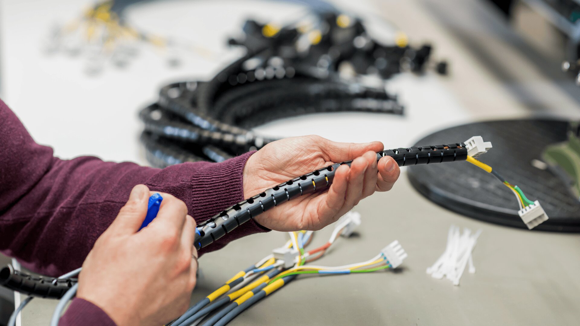 A person’s hands assemble a bundle of color-coded electrical wires, wrapping them with a black spiral cable organizer. More organized cables and connectors are visible in the background on a work table.