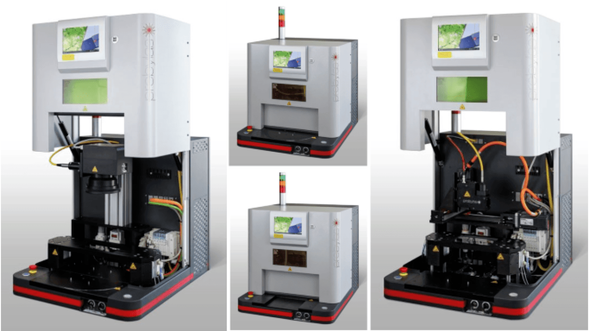 Four views of a white, box-shaped industrial machine with a touchscreen, indicator lights, and internal components visible in the lower section, used for automated manufacturing or testing.