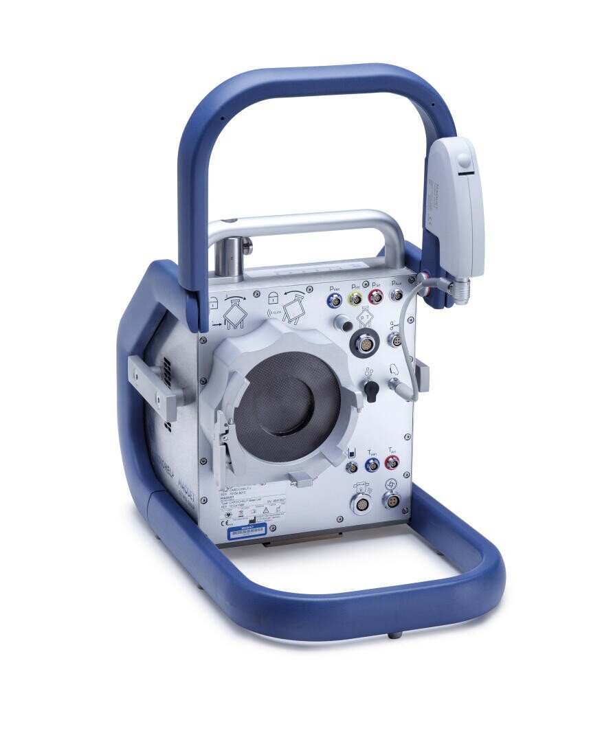 A compact, portable medical imaging device with a blue frame and multiple control buttons, dials, and a handle for carrying. The device features diagrams and a circular opening on its front panel.