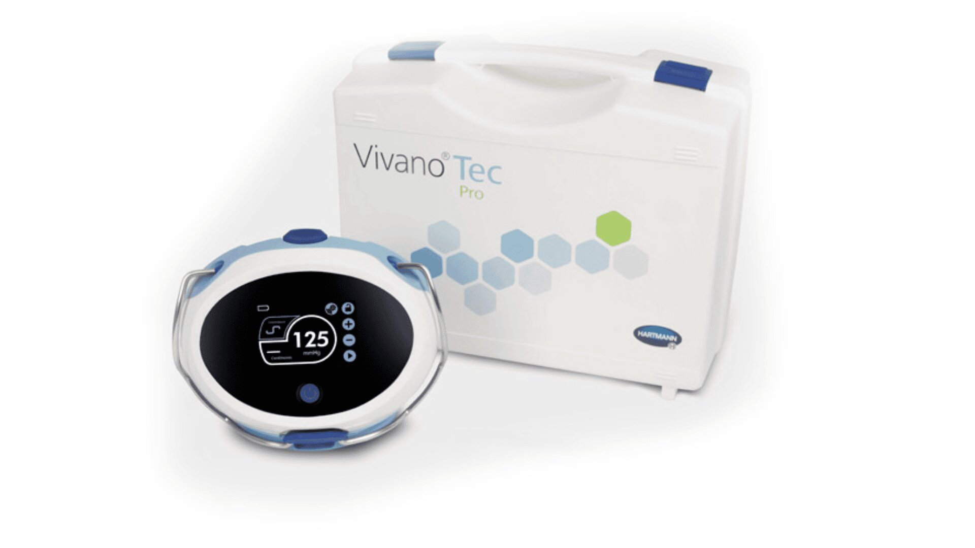 A VivanoTec Pro medical device with a digital display showing “125,” placed in front of a white carrying case labeled “VivanoTec Pro” with a blue and green hexagon design.