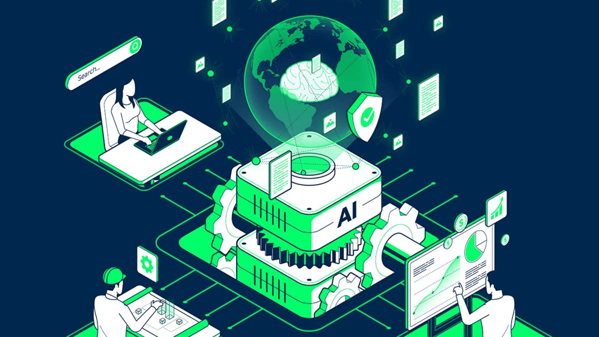 Abbildung von Menschen, die mit Computern um einen großen KI-Prozessor herum arbeiten, mit digitalen Daten, Diagrammen und einem Globus darüber, der künstliche Intelligenz und globale Datenverarbeitung symbolisiert.