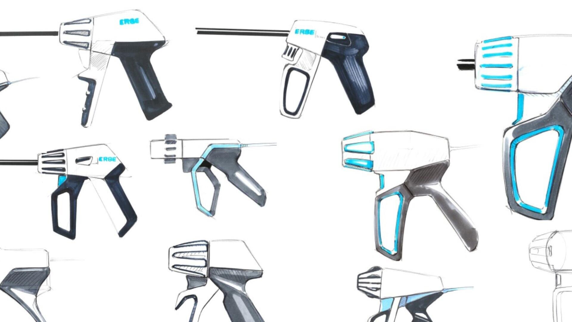 A collection of industrial spray gun concept sketches in black, grey, and white with blue accents, shown from different angles on a white background.