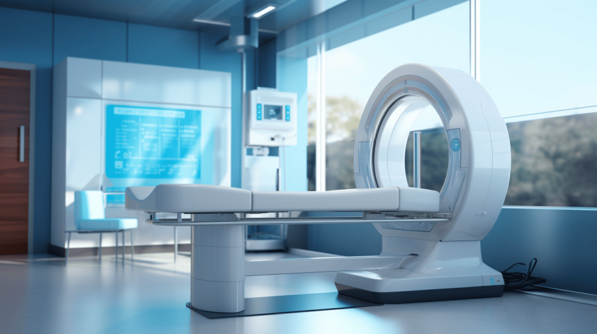 Ein moderner MRT-Scanner steht in einem hell erleuchteten, sauberen Krankenhauszimmer mit großen Fenstern, blauen Akzenten und im Hintergrund sichtbaren medizinischen Geräten.