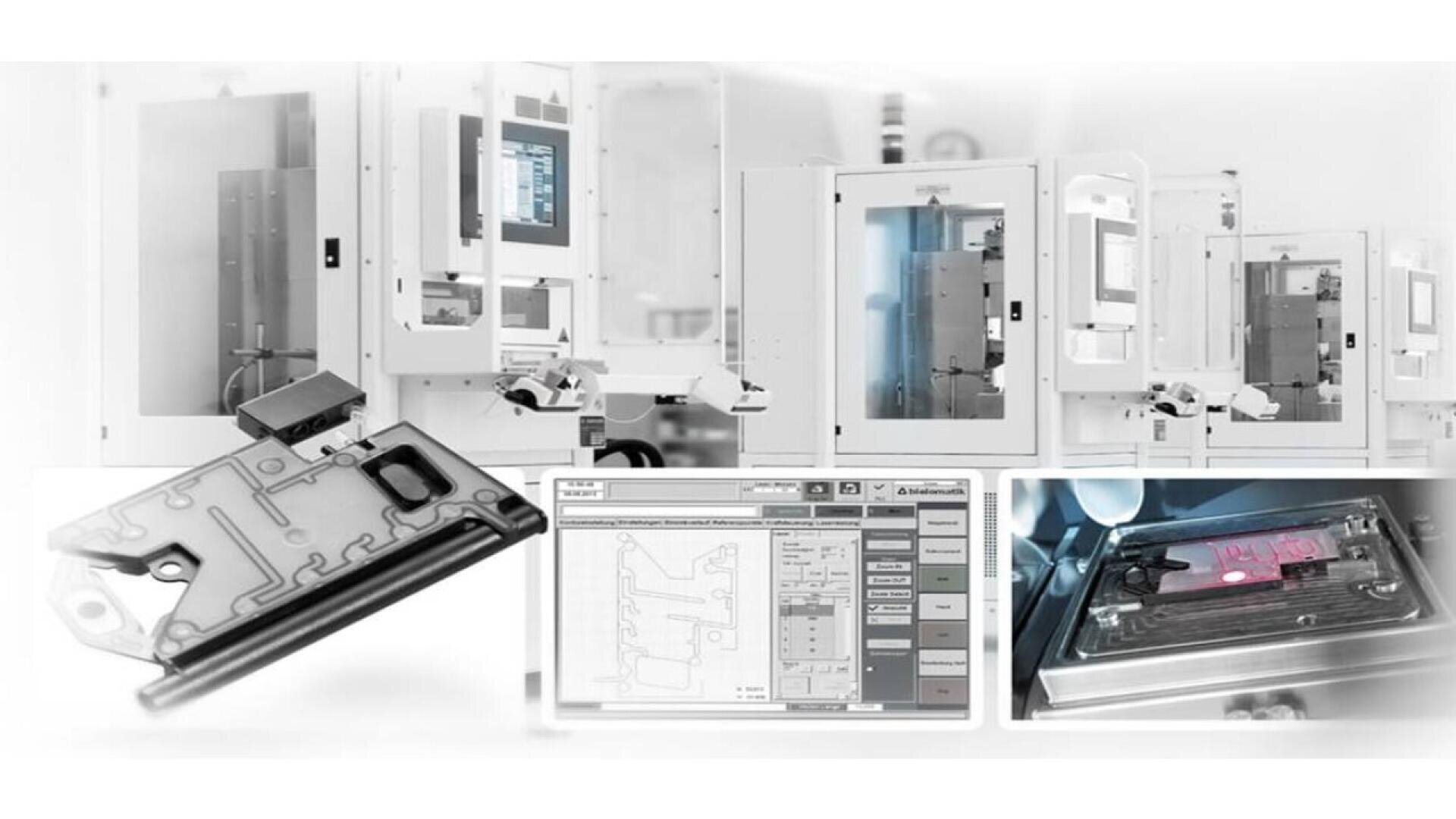 Collage showing automated manufacturing machines, a close-up of a mechanical part, a computer screen with design software, and a high-precision component being processed inside a machine. The theme is industrial automation.