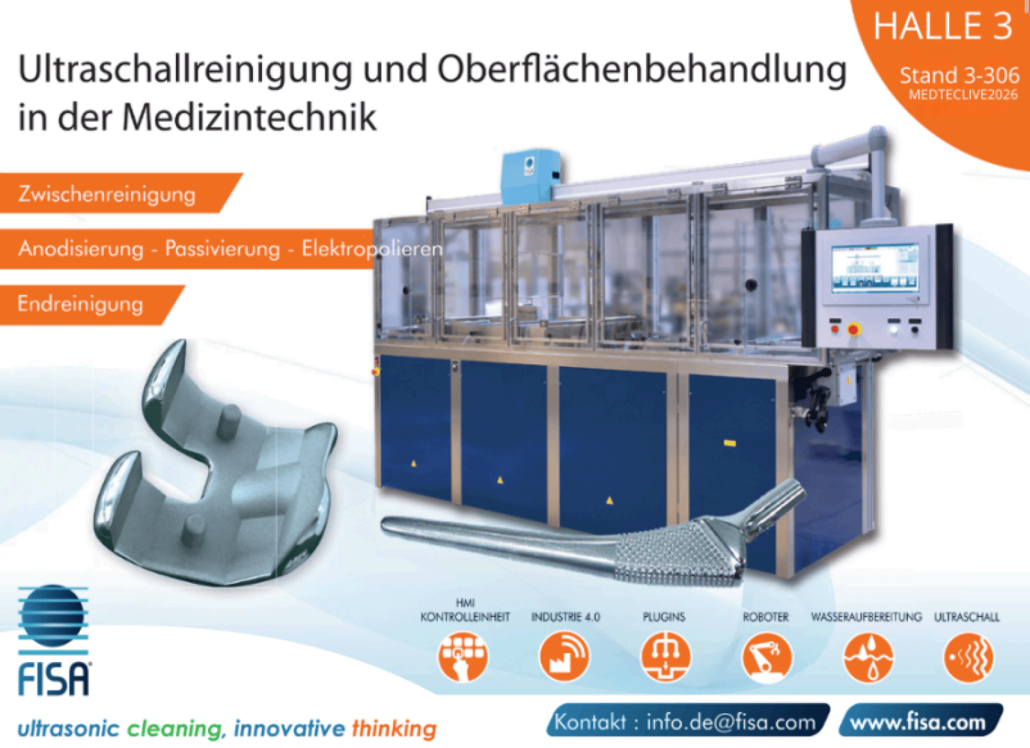 A medical ultrasonic cleaning and surface treatment machine will be on display with control panel, medical instruments and conference details for a medical technology event in Hall 3, Stand 3-306. The text highlights the cleaning and process features.