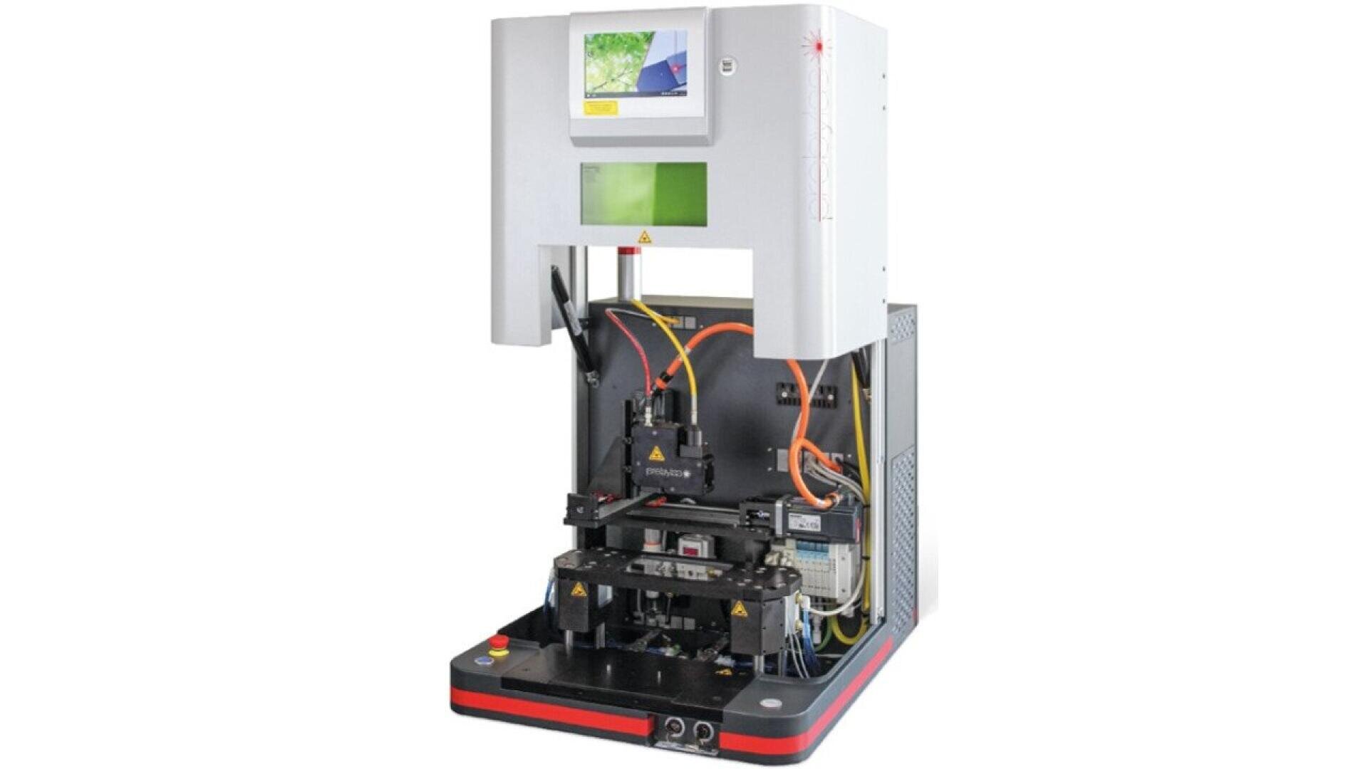 A modern industrial ultrasonic welding machine with a touchscreen interface, various wires, and components visible, designed for precise joining of plastic or metal parts. The machine is mainly white with black and red accents.
