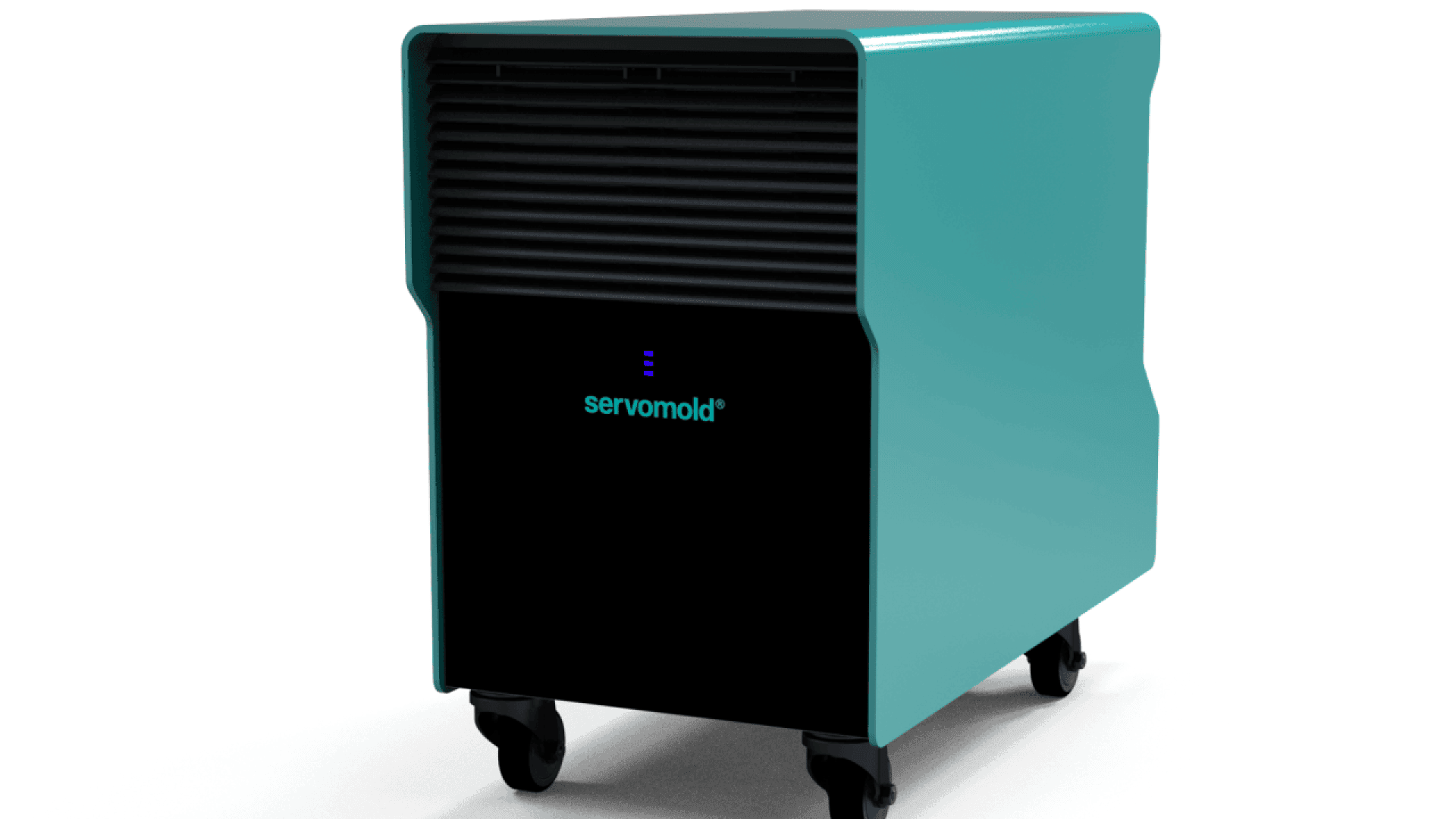 A turquoise and black rectangular electronic device labeled servomold stands on four caster wheels, featuring a vented front panel and a modern, minimalist design.