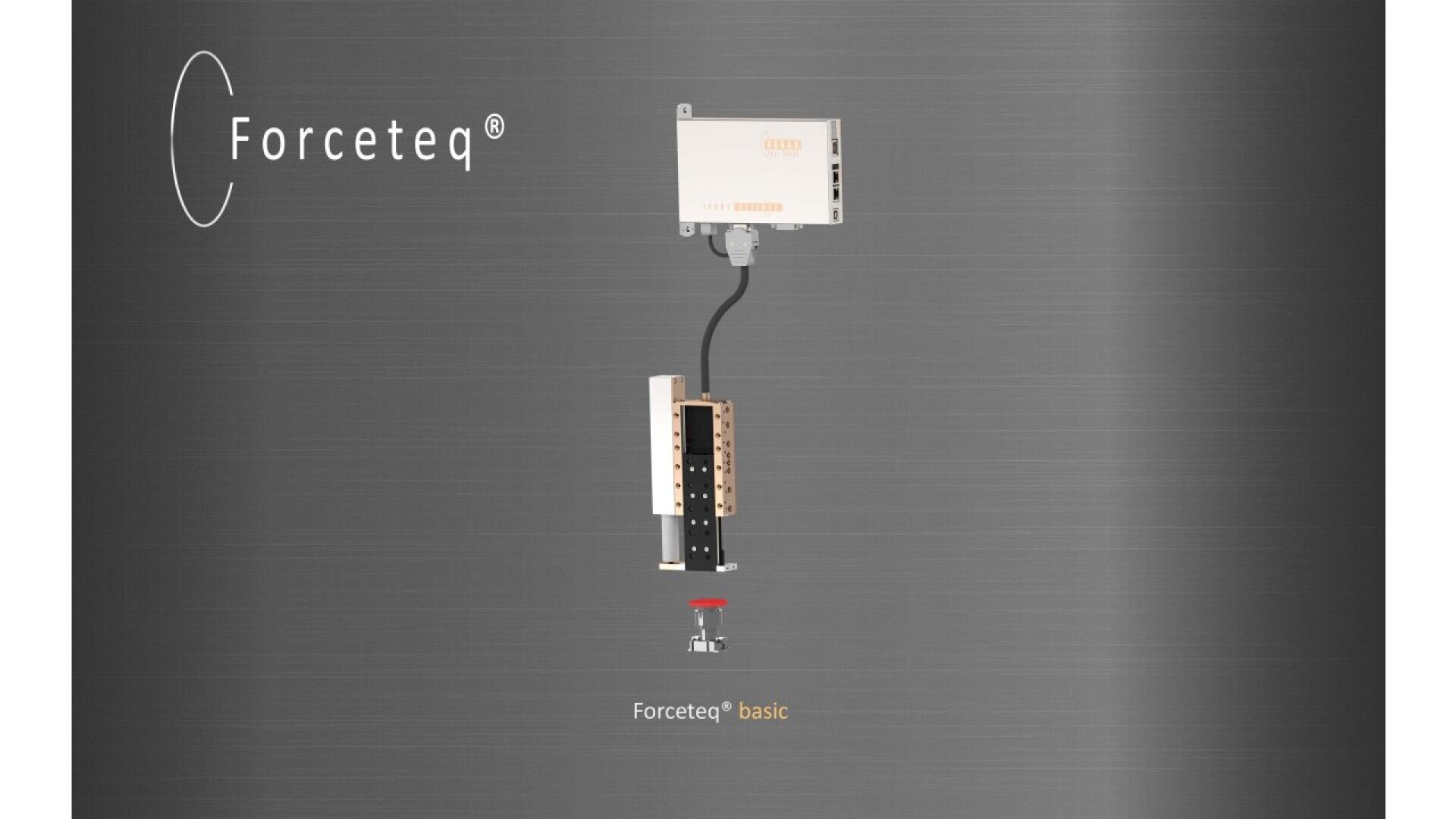 A Forceteq® device with connected components is displayed on a gray background. The Forceteq® logo is on the left, and the words Forceteq® basic appear below the device.